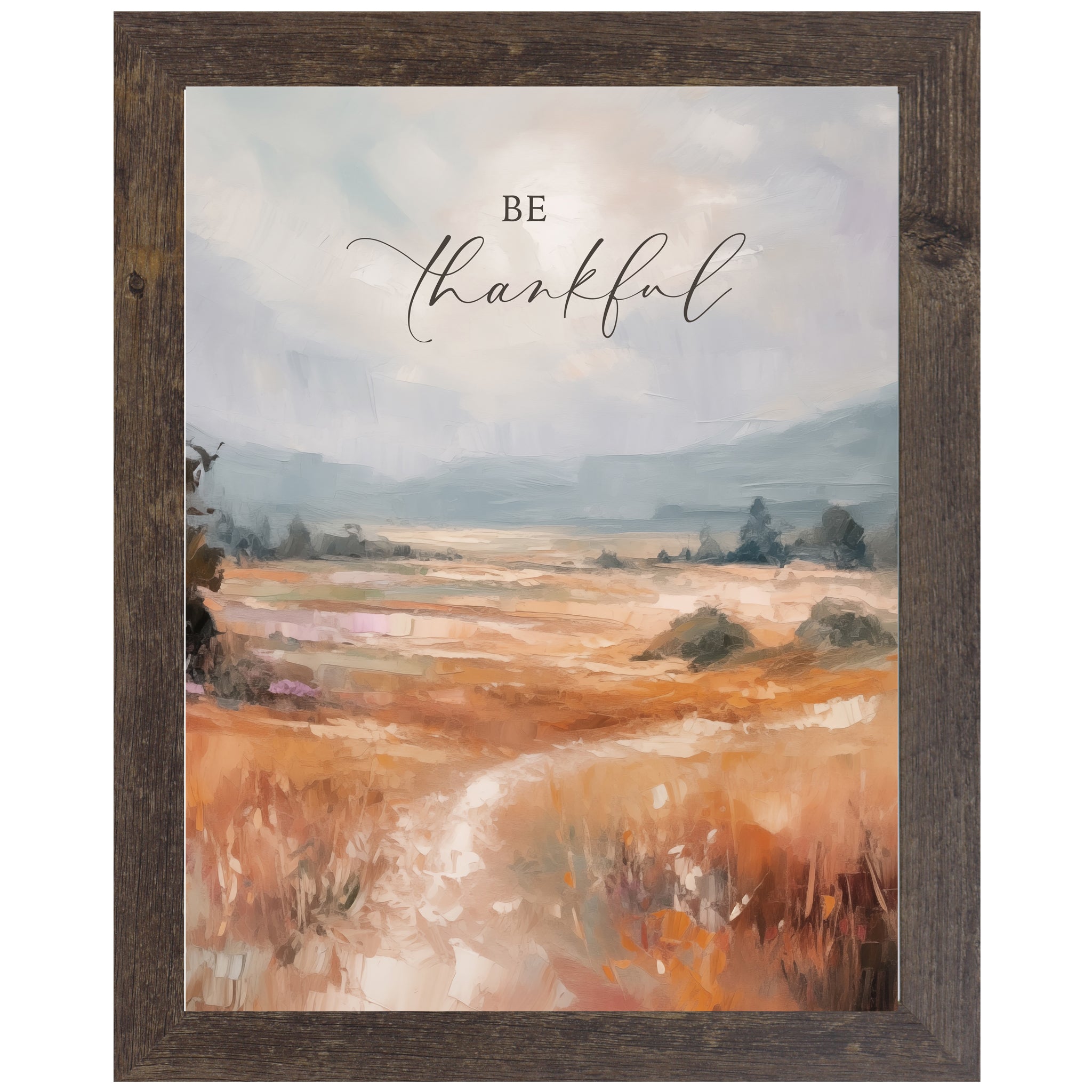 Natural Brown framed portrait inspirational wall art with Be Thankful in elegant script over soft peach blush terracotta abstract painterly landscape with pale blue-grey sky