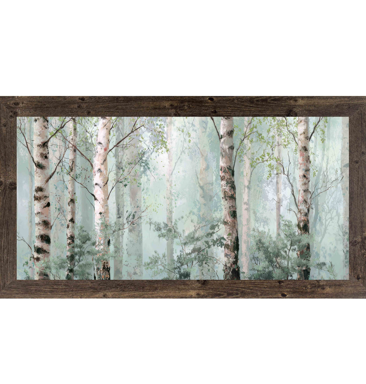 Natural Brown framed wide landscape birch tree wall art featuring soft watercolor birch forest in sage green and ivory mist — Birch Forest Mist SB737