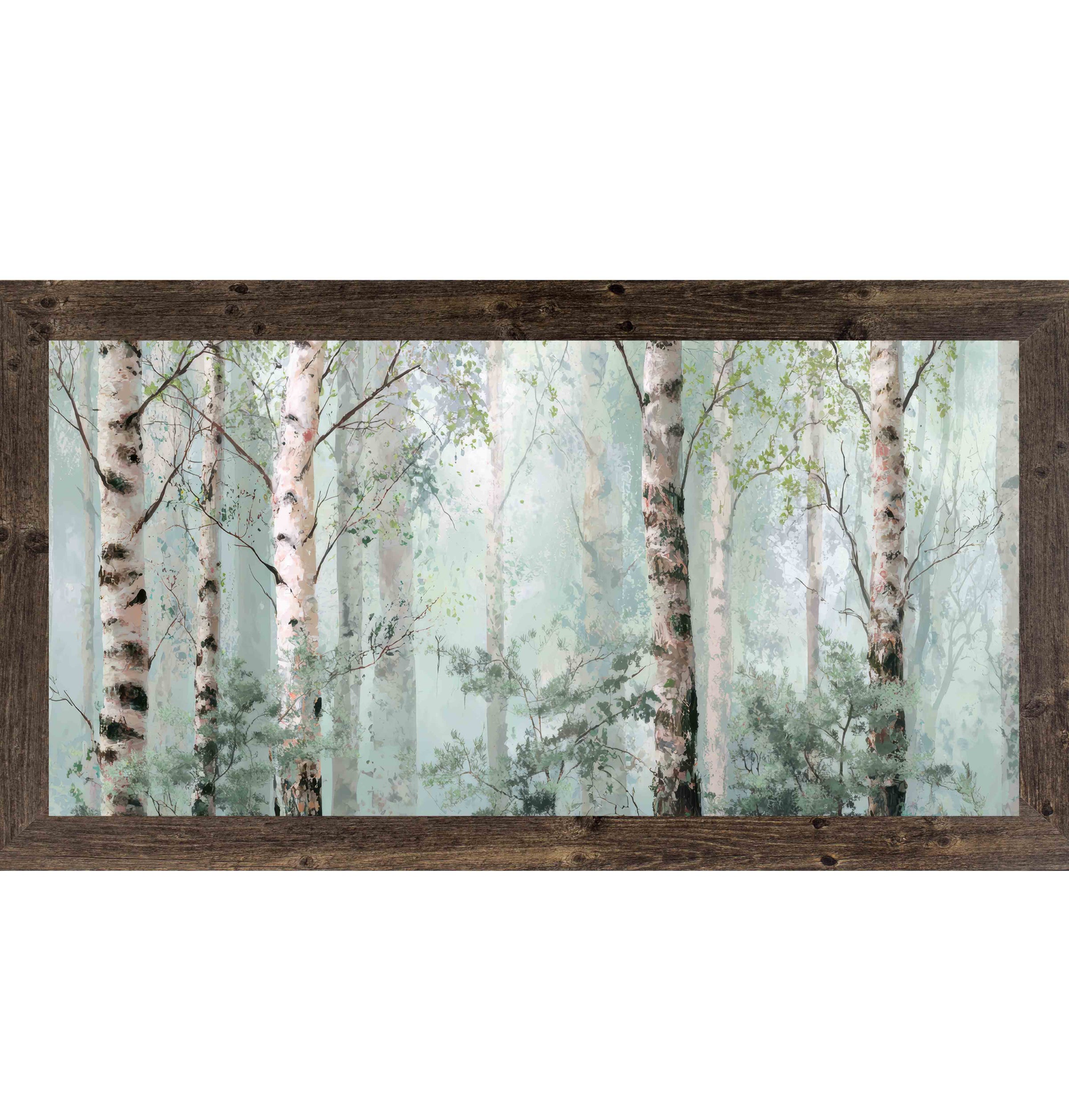 Natural Brown framed wide landscape birch tree wall art featuring soft watercolor birch forest in sage green and ivory mist — Birch Forest Mist SB737