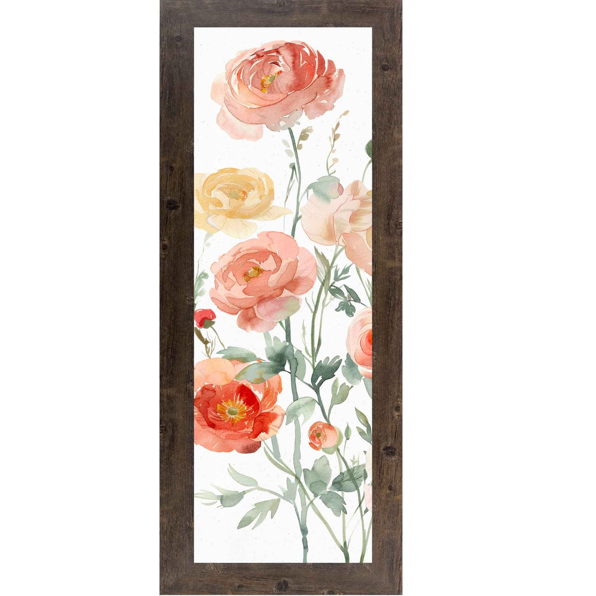 Vertical watercolor ranunculus wall art featuring large blush and coral blooms on soft white background, framed botanical decor in slim tall 8x20 to 14x40 sizes