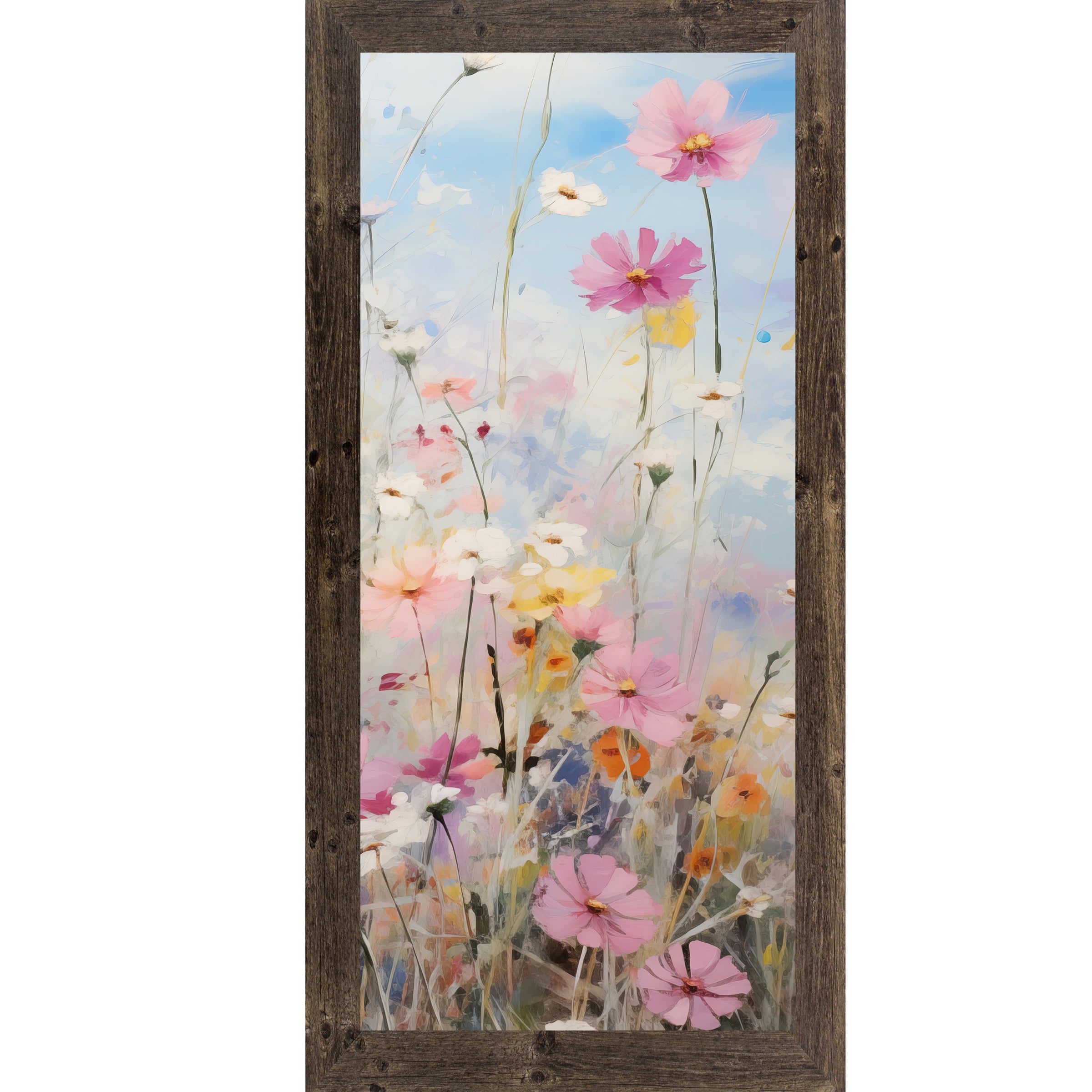 Natural Brown framed tall portrait floral wall art featuring impressionist cosmos wildflowers in soft pink magenta white and yellow with blue lavender sky accents — Cosmos Meadow Right Panel SB729