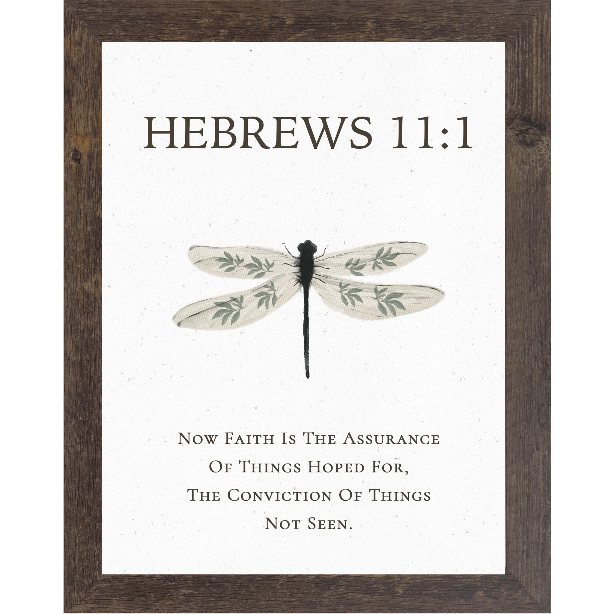 Hebrews 11:1 Christian dragonfly wall art featuring a large watercolor dragonfly with botanical wing details on a neutral white background, framed decor available in multiple sizes.