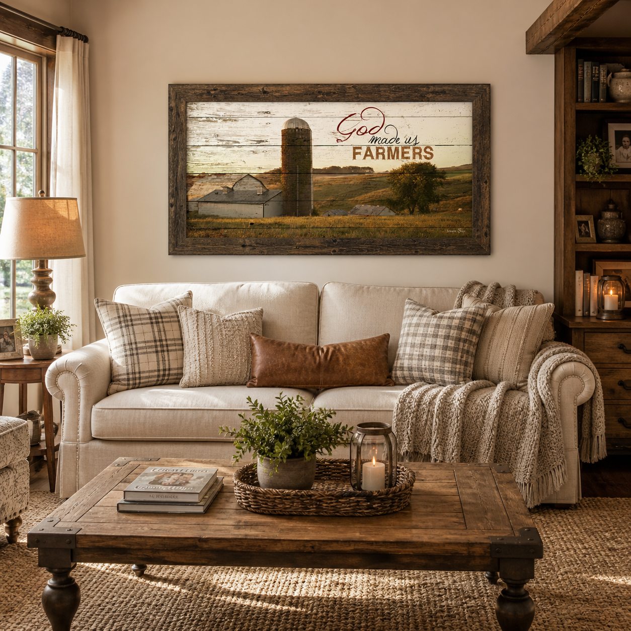 Natural brown framed wide panoramic farmhouse wall art featuring God Made Us Farmers with white barn and silo on rolling golden hills displayed as a large 40x20 statement piece above a cream sofa in a cozy farmhouse living room with plaid pillows jute rug and wood beam ceiling