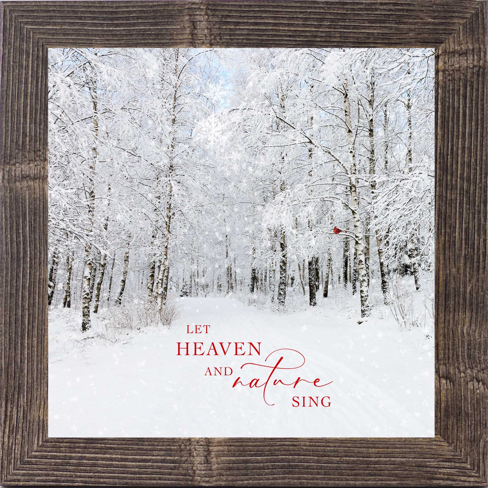 Let Heaven and Nature Sing Christmas wall art featuring snowy forest path with red cardinal and red holiday lettering, square winter framed decor