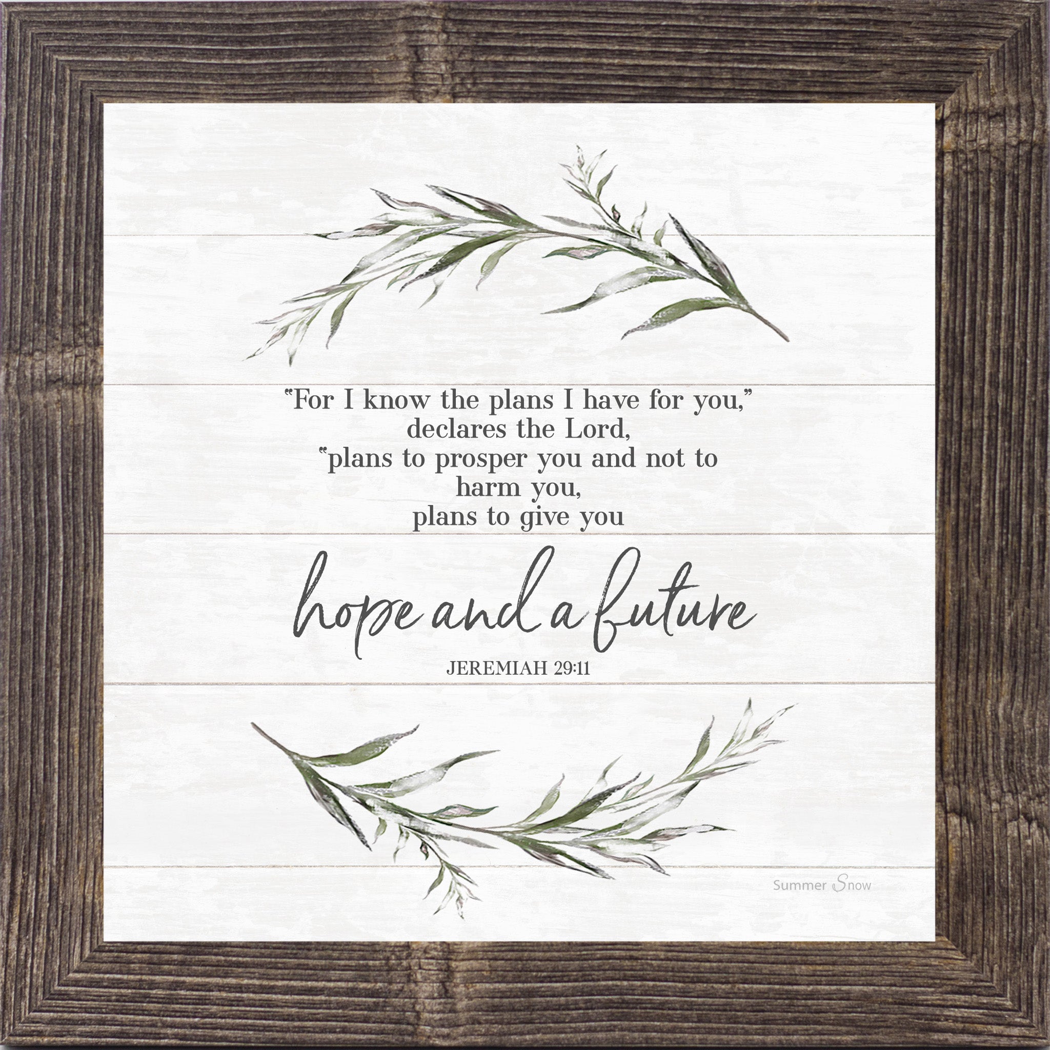 Natural brown framed square Christian scripture wall art on shiplap white background with watercolor eucalyptus branches and full Jeremiah 29:11 verse ending in hope and a future — SS911
