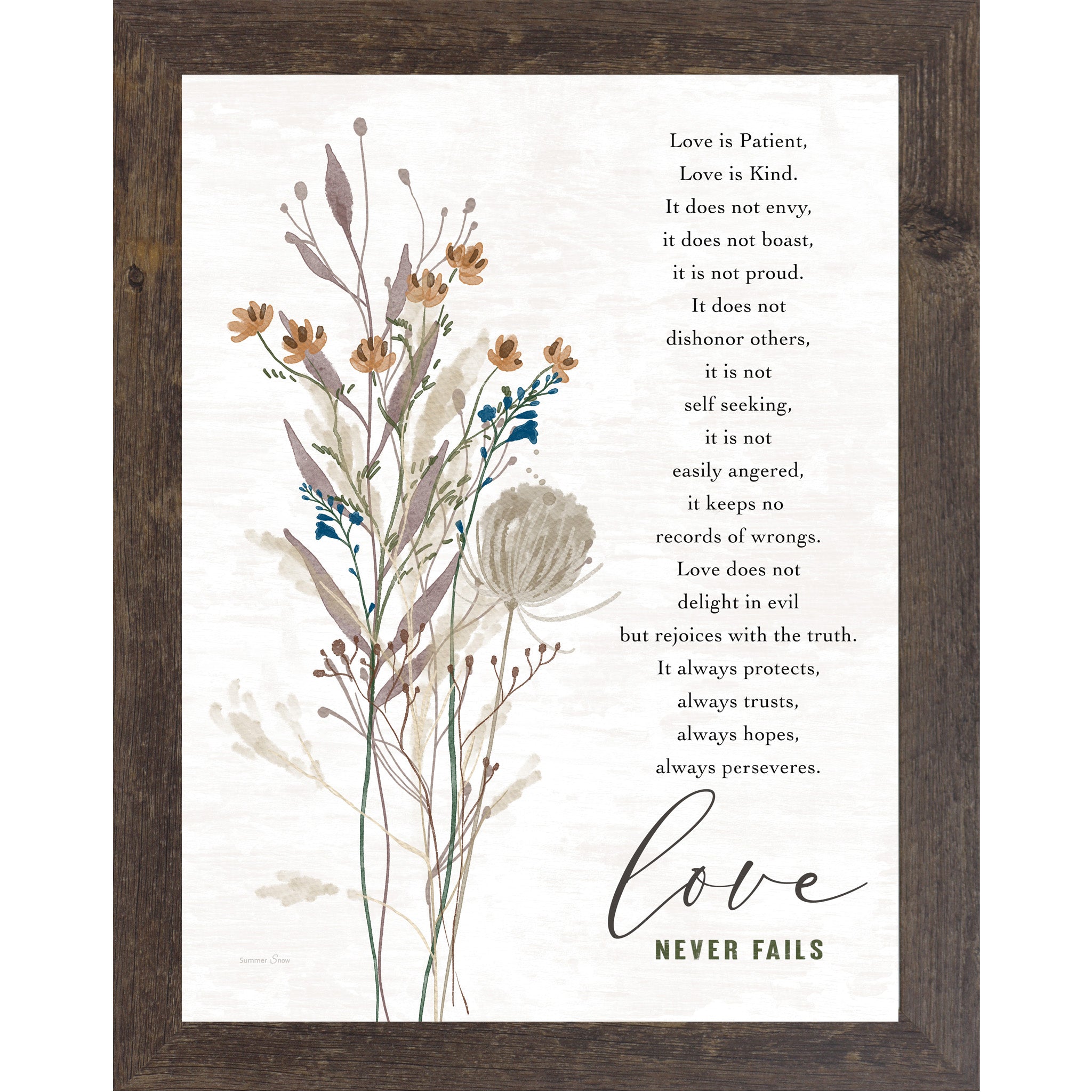 Natural brown framed portrait Christian wall art featuring watercolor wildflower botanicals with the full 1 Corinthians 13 scripture and the words "love Never Fails" — SA388