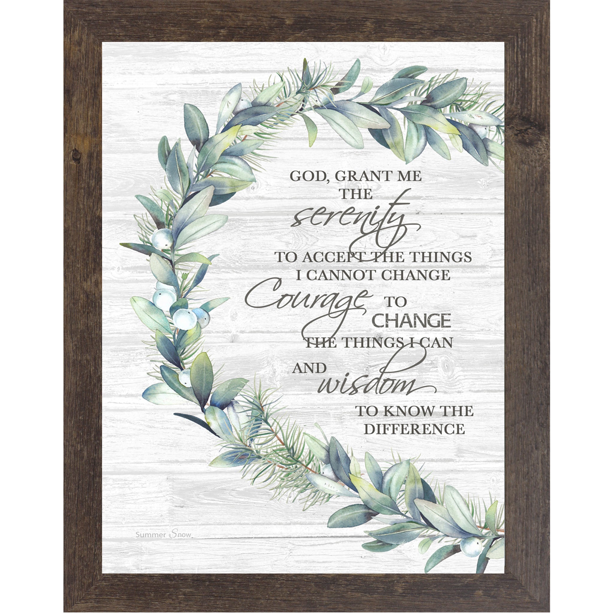Natural brown framed portrait Serenity Prayer wall art with lush green eucalyptus botanical wreath on white woodgrain background with the words "God Grant Me the Serenity to Accept the Things I Cannot Change"