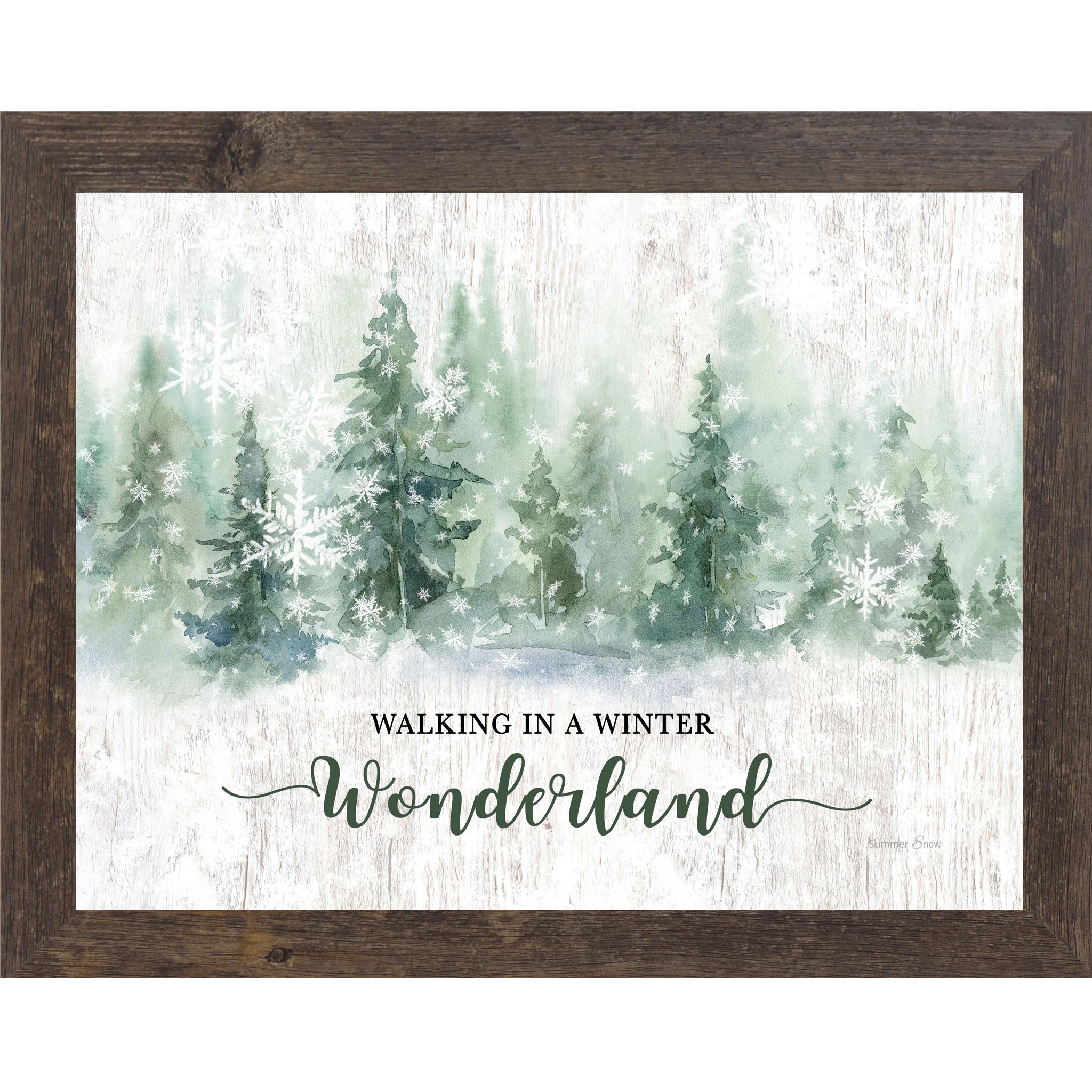 Natural brown framed landscape watercolor winter wall art featuring snowy green pine trees and falling snowflakes with the words "Walking In A Winter Wonderland"