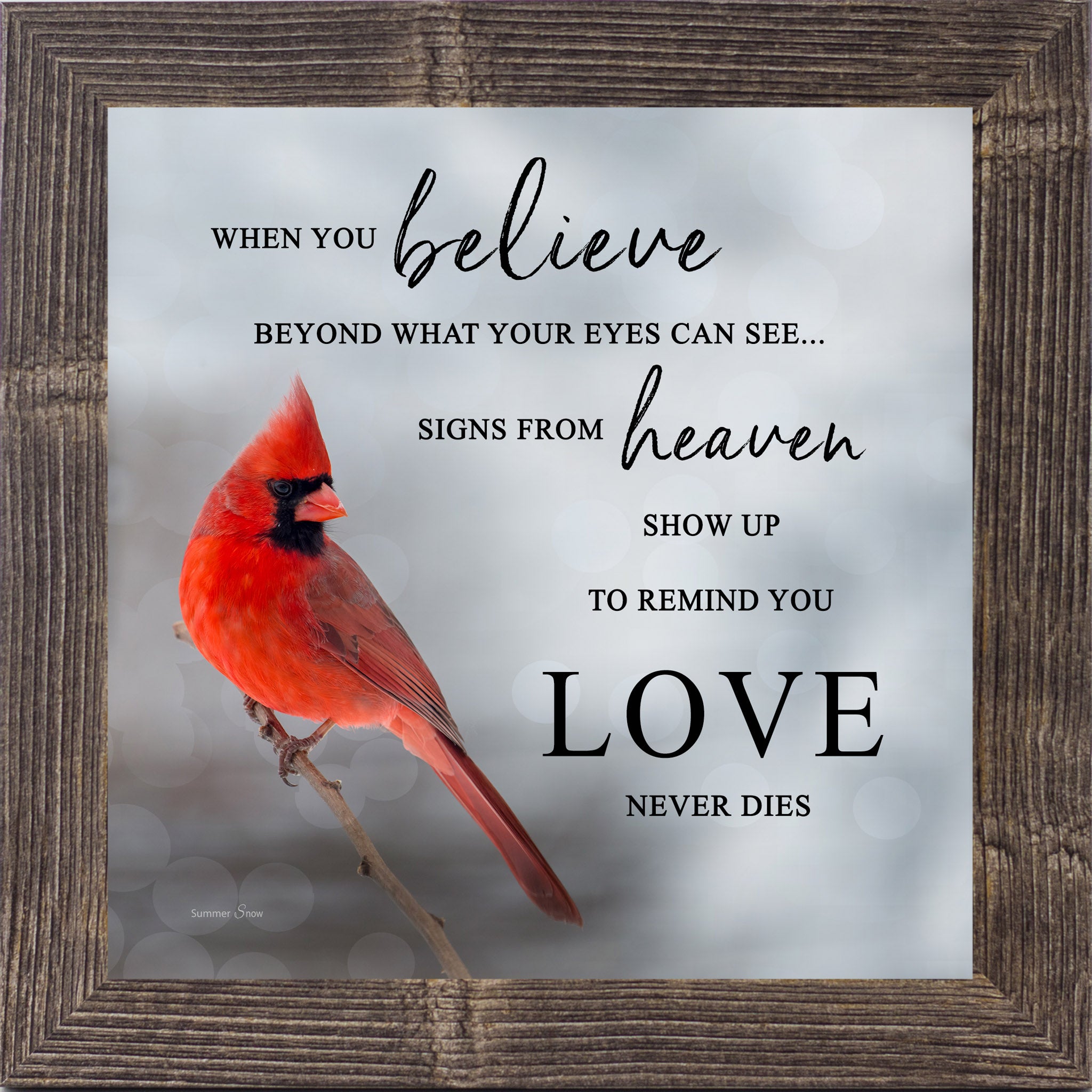 Natural brown framed square cardinal sympathy wall art featuring a photorealistic red cardinal in silver gray mist with the words "When You Believe Beyond What Your Eyes Can See Signs From Heaven Show Up to Remind You Love Never Dies" — SA26