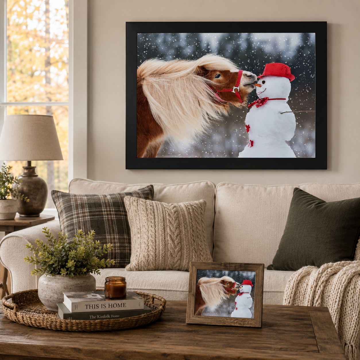 Farmhouse living room with Can't Resist equine wall art SN338 — black 32x26 above the sofa and natural brown 10x8 easel back on the coffee table beside books — chestnut Haflinger pony stealing snowman carrot nose in falling snow