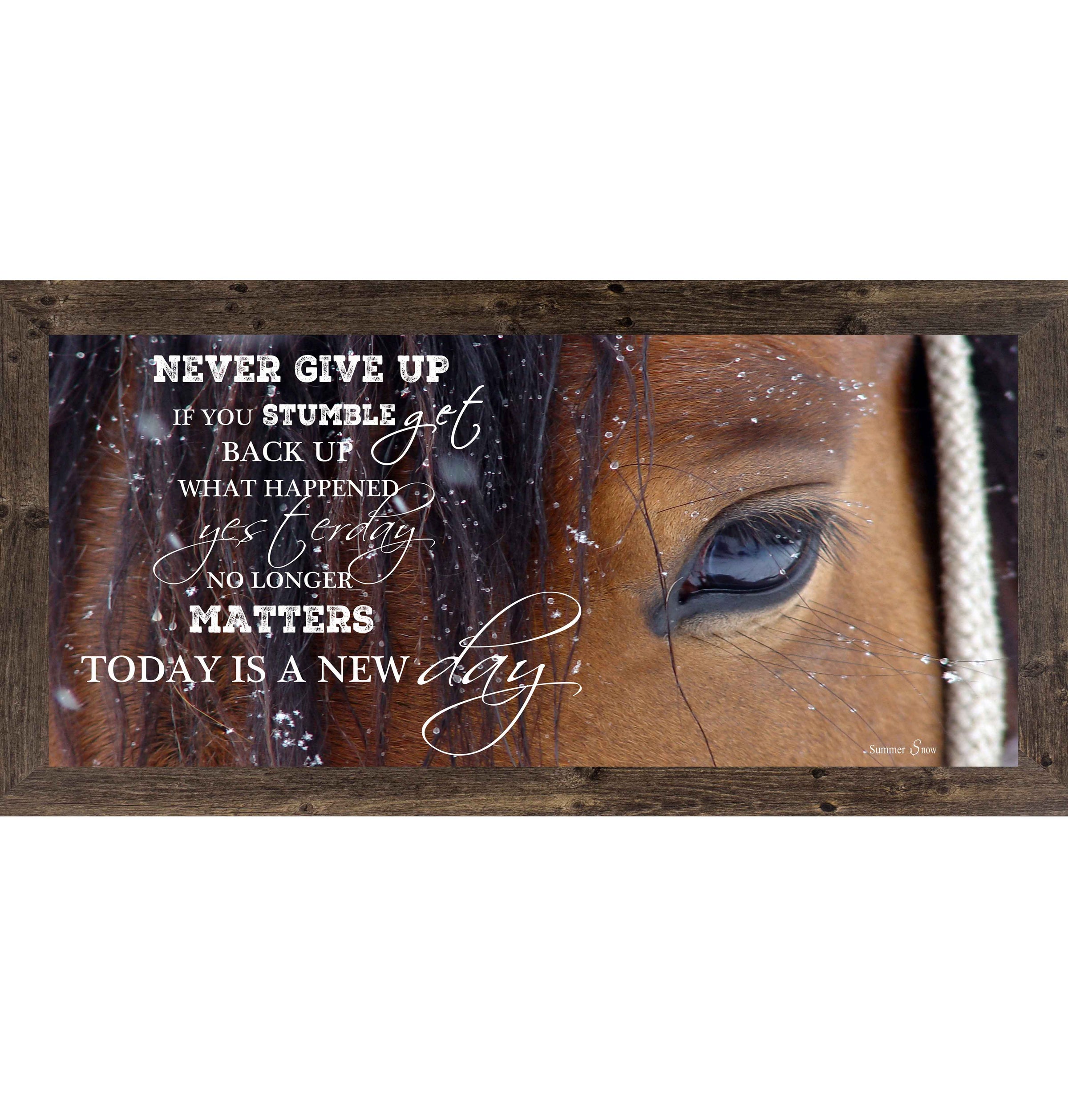 Western horse inspirational wall art featuring a close up brown horse face with motivational text Never give up if you stumble get back up today is a new day in a wide horizontal format