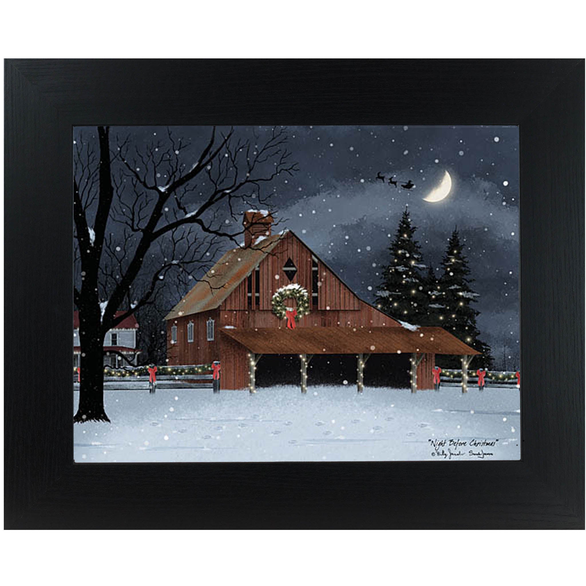 Framed snowy farmhouse Christmas scene inspired by Billy Jacobs with hand-glittered accents
