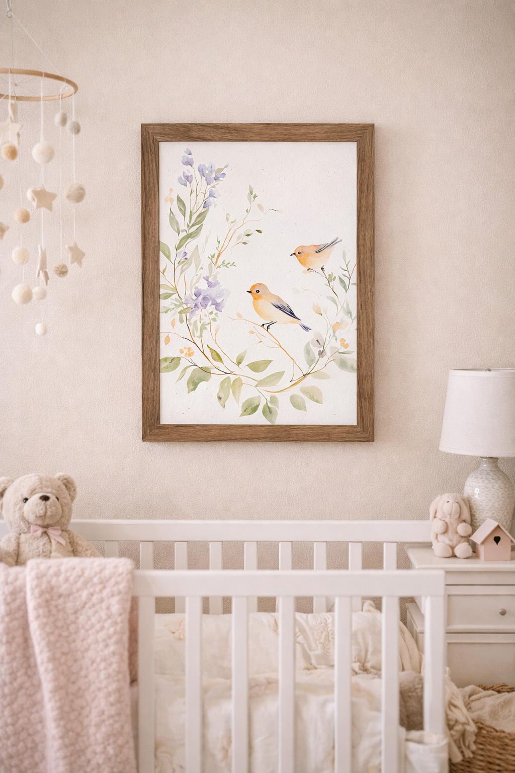 Farmtable color Framed watercolor wall art featuring two small birds perched on a floral branch with green leaves and soft lavender flowers on a neutral white background. Set in a nursery.