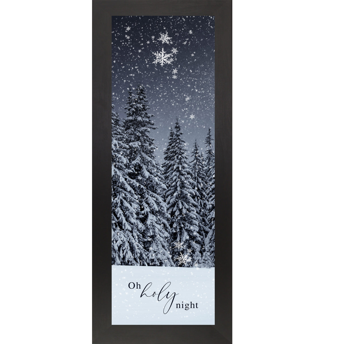 Christian Christmas wall art featuring snow-covered evergreen trees in a winter forest at night with falling snow and the words “Oh Holy Night” displayed in elegant lettering.