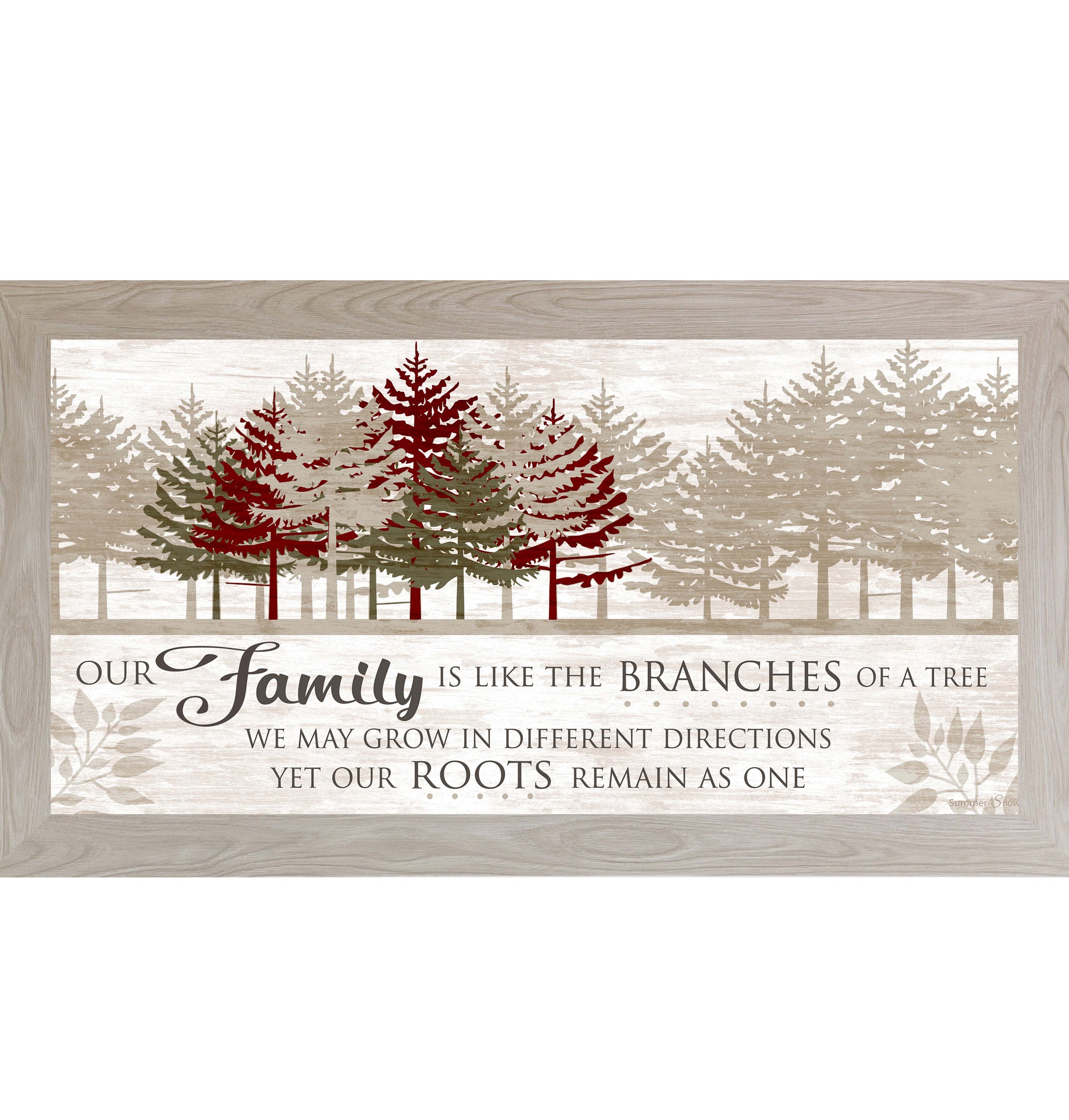 Framed family wall art with the quote “Our family is like the branches of a tree,” featuring layered woodland trees in warm neutral tones on a wood grain background.