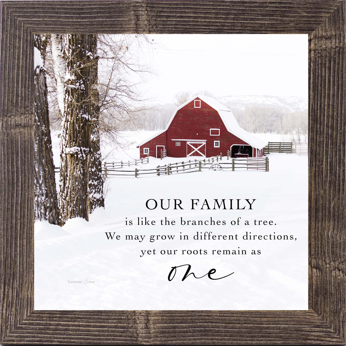 Winter farm wall art featuring a red barn in a snow-covered field with the quote “Our Family Is Like the Branches of a Tree, We May Grow in Different Directions Yet Our Roots Remain as One”
