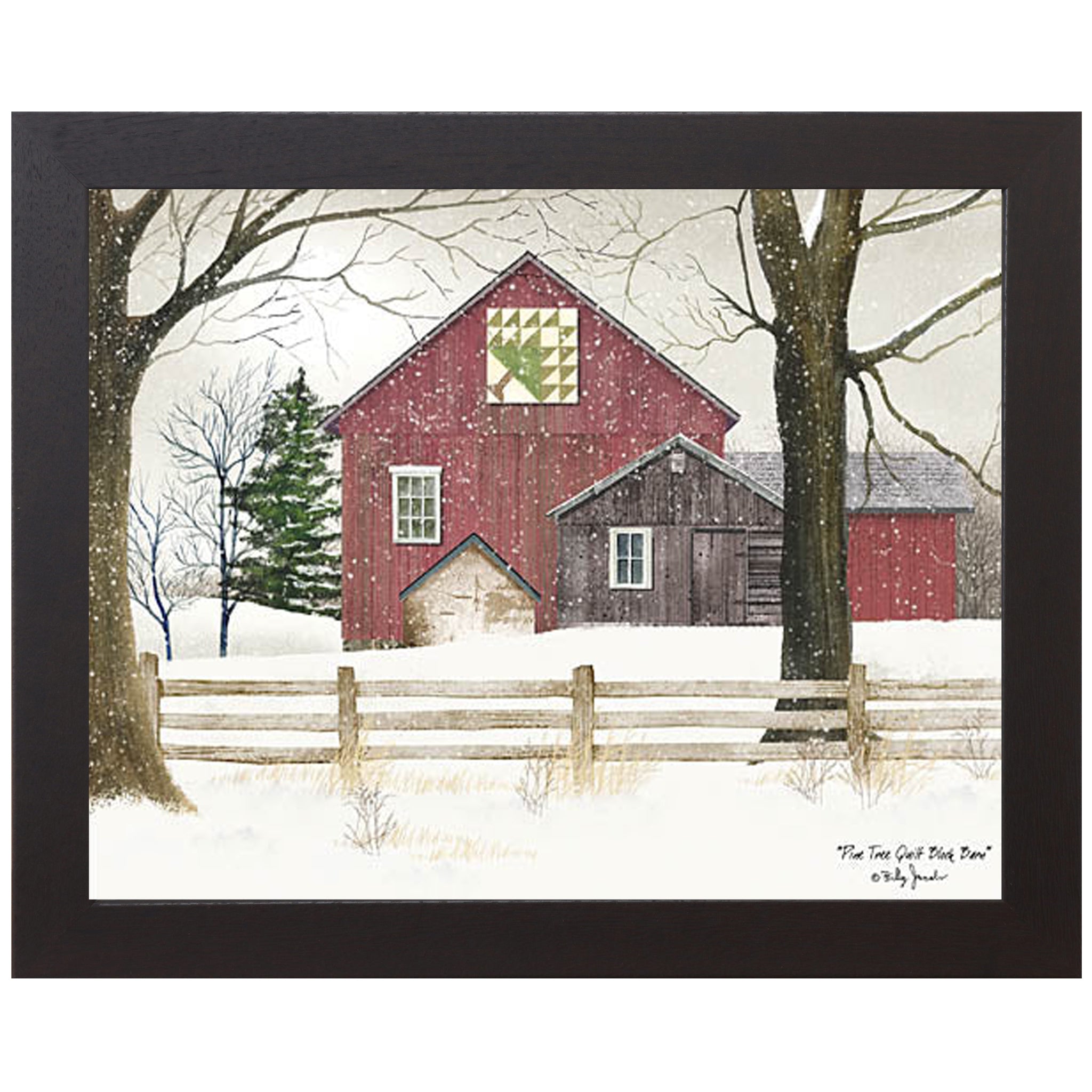 Framed rustic barn scene with pine tree quilt block by Billy Jacobs with hand-glittered accents