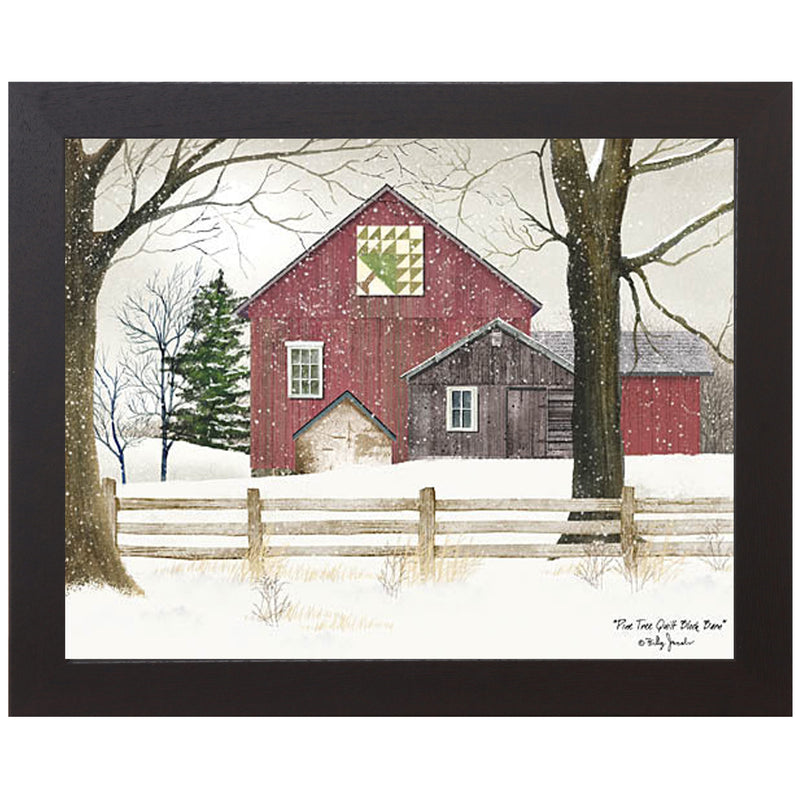 Framed rustic barn scene with pine tree quilt block by Billy Jacobs with hand-glittered accents