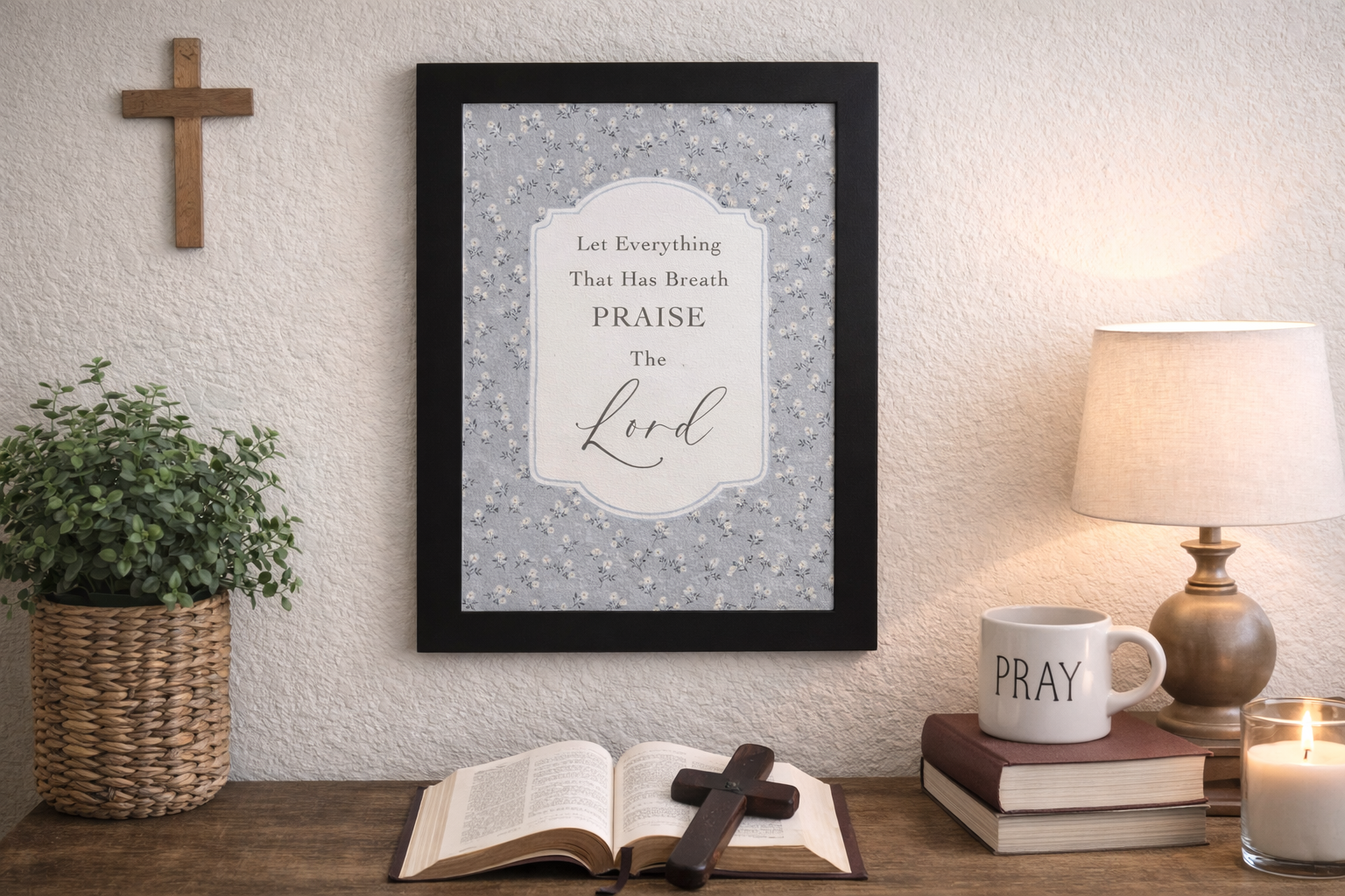 Prayer Room featuring Framed Christian scripture wall art reading “Let Everything That Has Breath Praise The Lord” with gray floral background and white ornamental plaque design, farmhouse style Bible verse wall décor (SB201) in a black frame