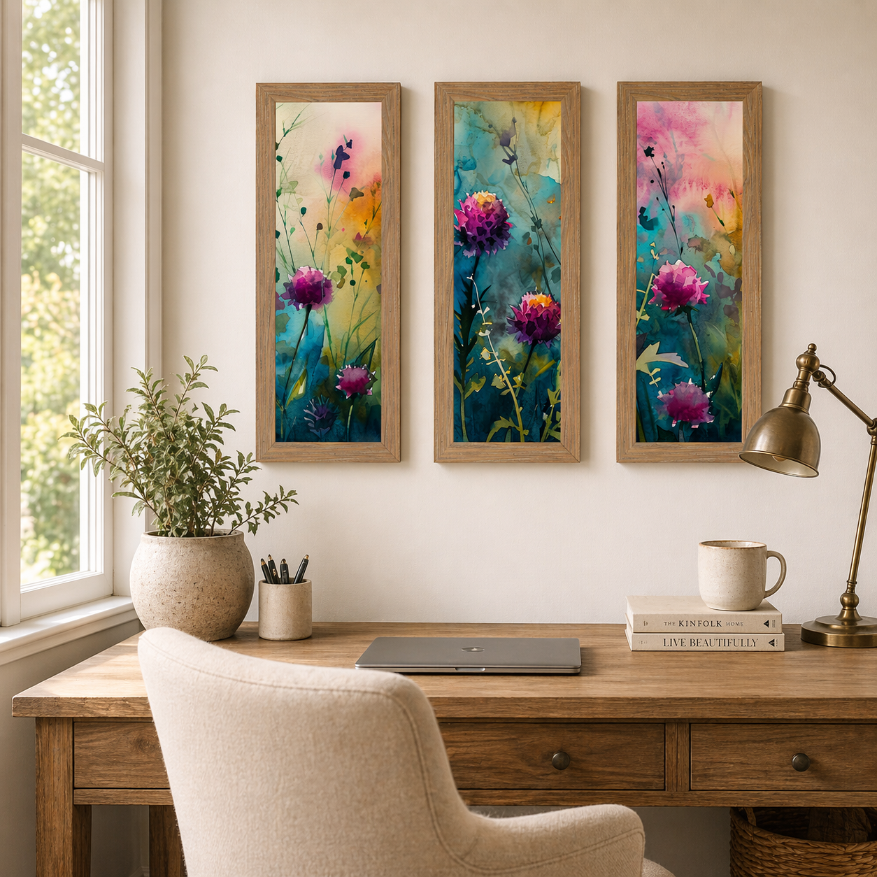 Farmtable color framed teal wildflower watercolor triptych wall art with three narrow portrait panels displaying magenta and purple wildflower blooms above a wooden desk in a bright home office (Listing is left picture)