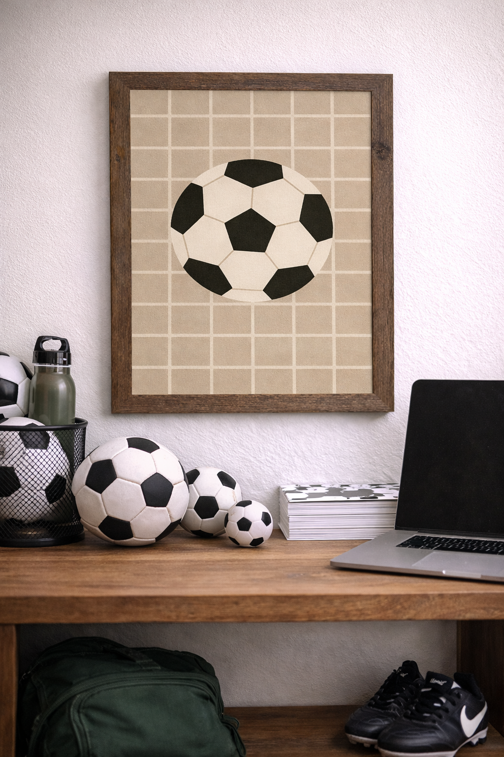Natural Brown Color Framed Soccer ball wall art featuring a black and white soccer ball centered on a tan grid background. Featuring a room setting of soccer balls.
