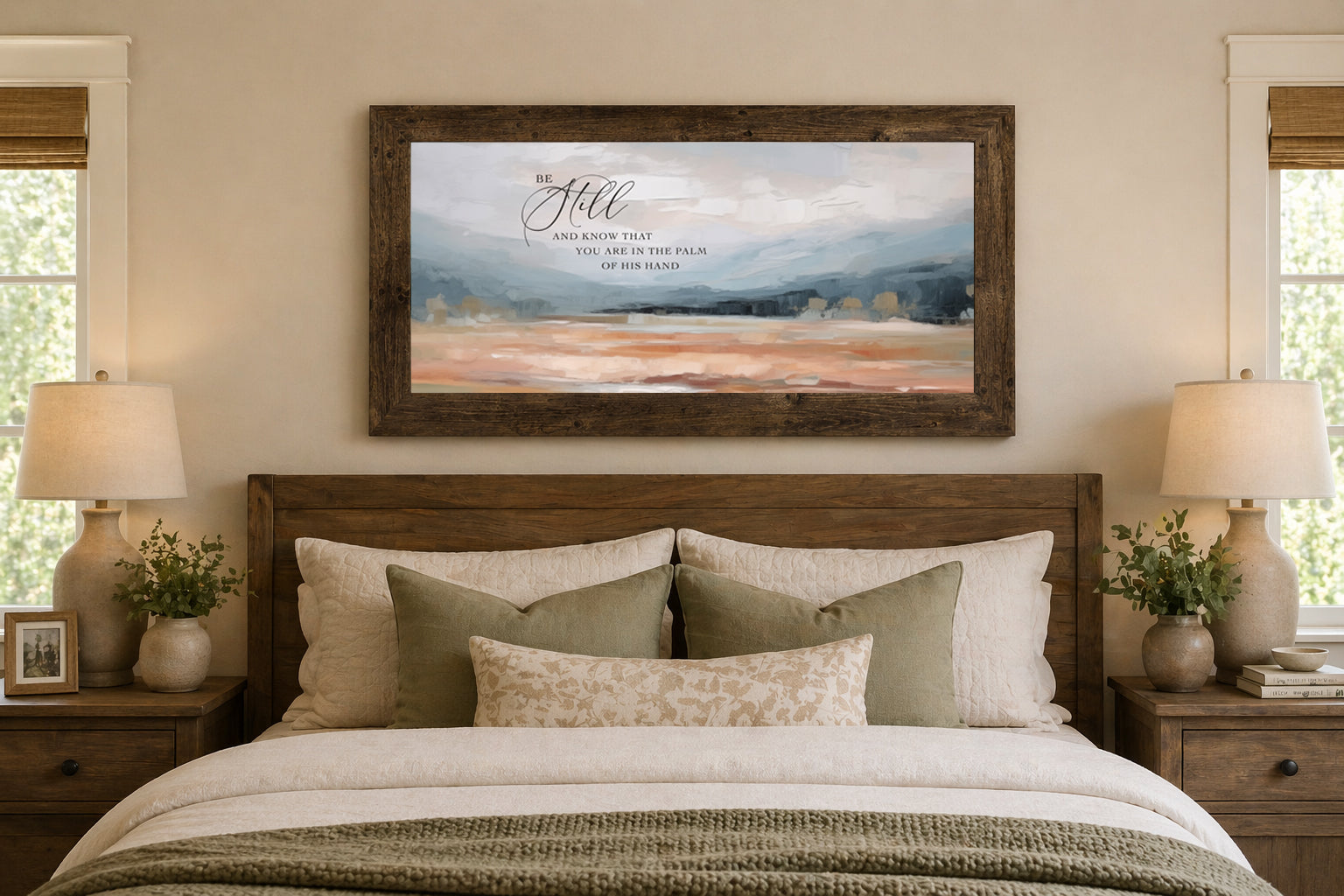 Natural Brown framed wide landscape Christian wall art displayed at large scale above a farmhouse master bed with Be Still and know that you are in the palm of his hand scripture over soft peach blue-grey sky and warm terracotta field