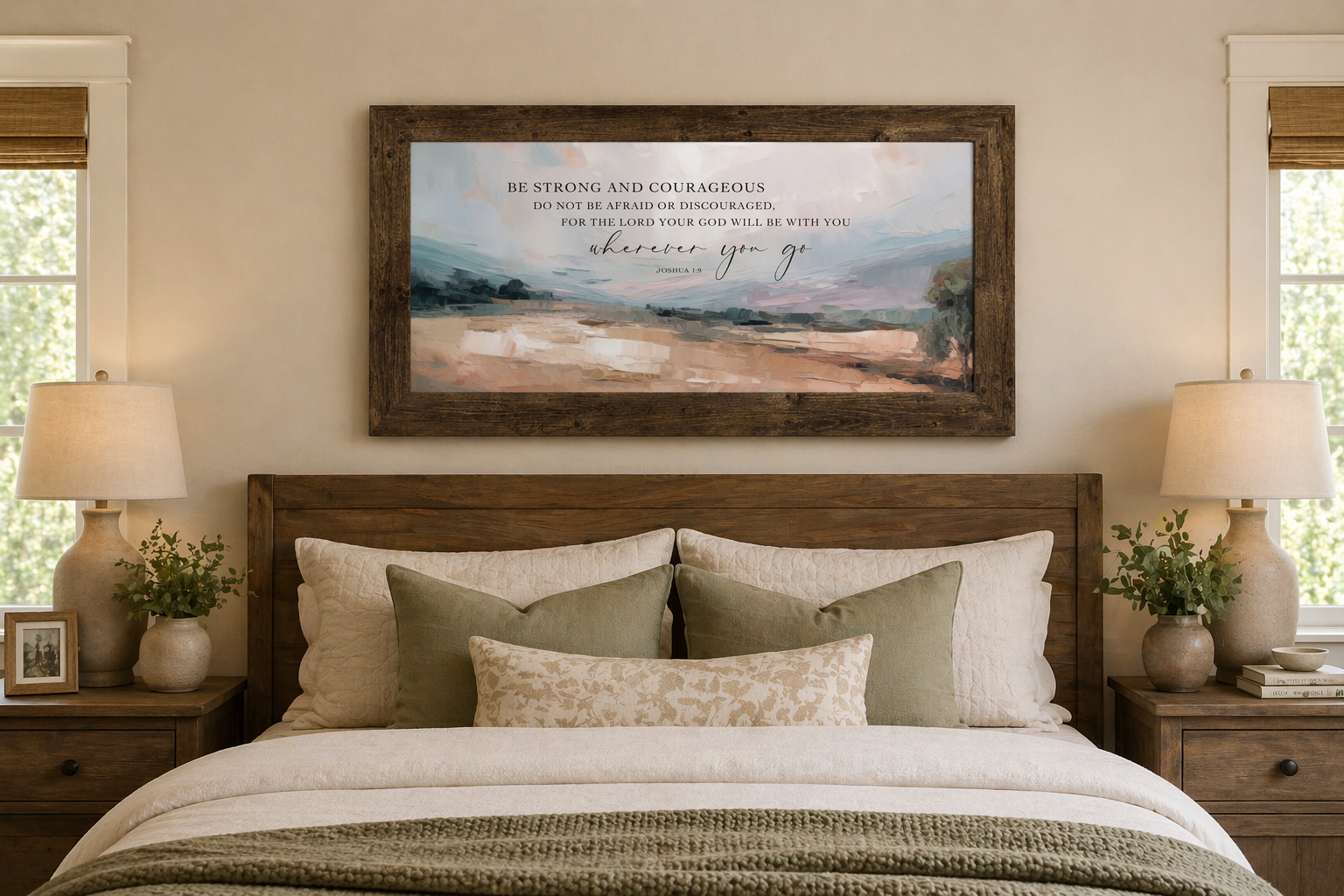 Natural Brown framed wide landscape Christian wall art displayed at large scale above a farmhouse master bed with Be Strong and Courageous Joshua 1:9 scripture over soft peach blue-grey sky and warm terracotta field