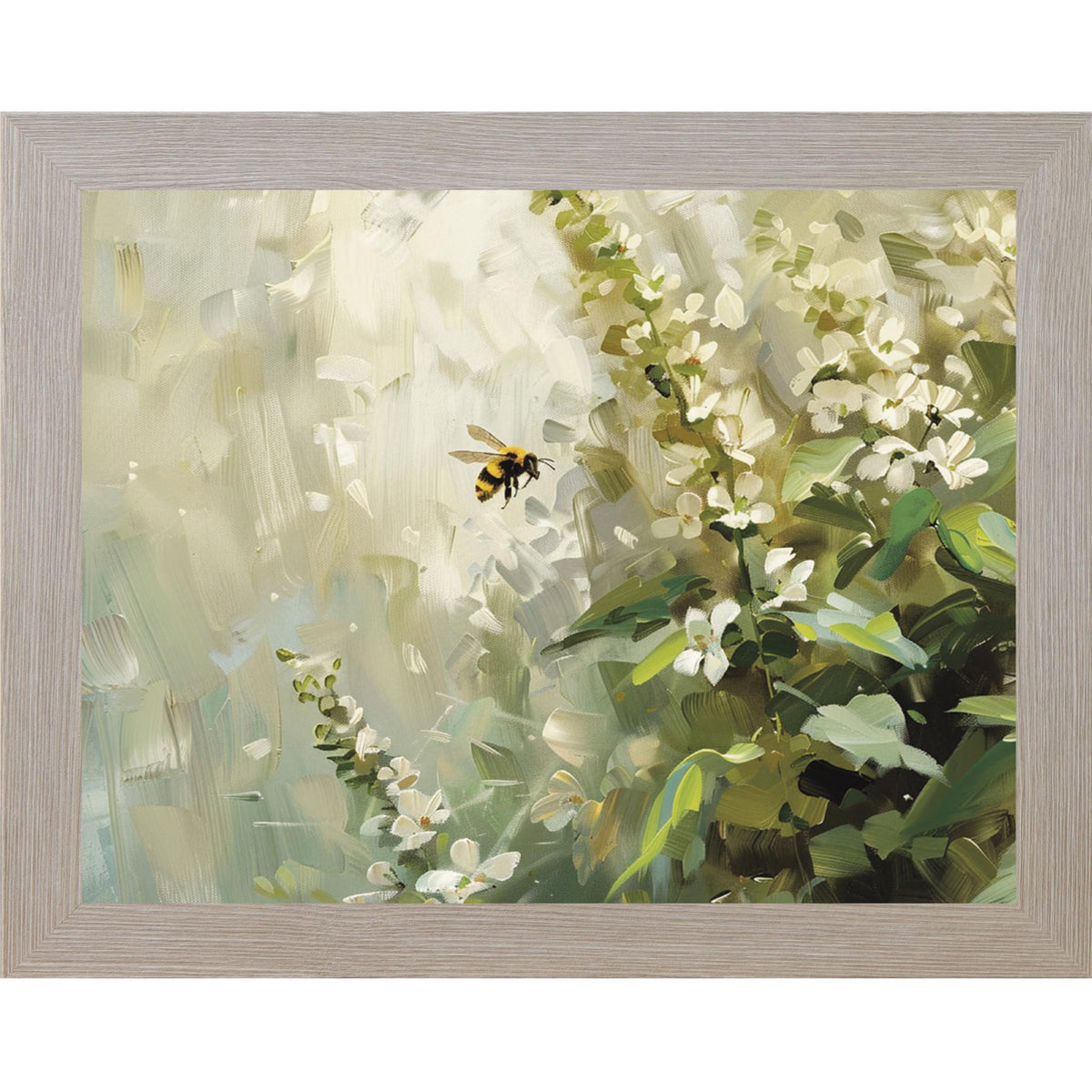 Soft watercolor floral wall art with white blossoms and bees flying through a spring field, neutral botanical decor in framed artwork.