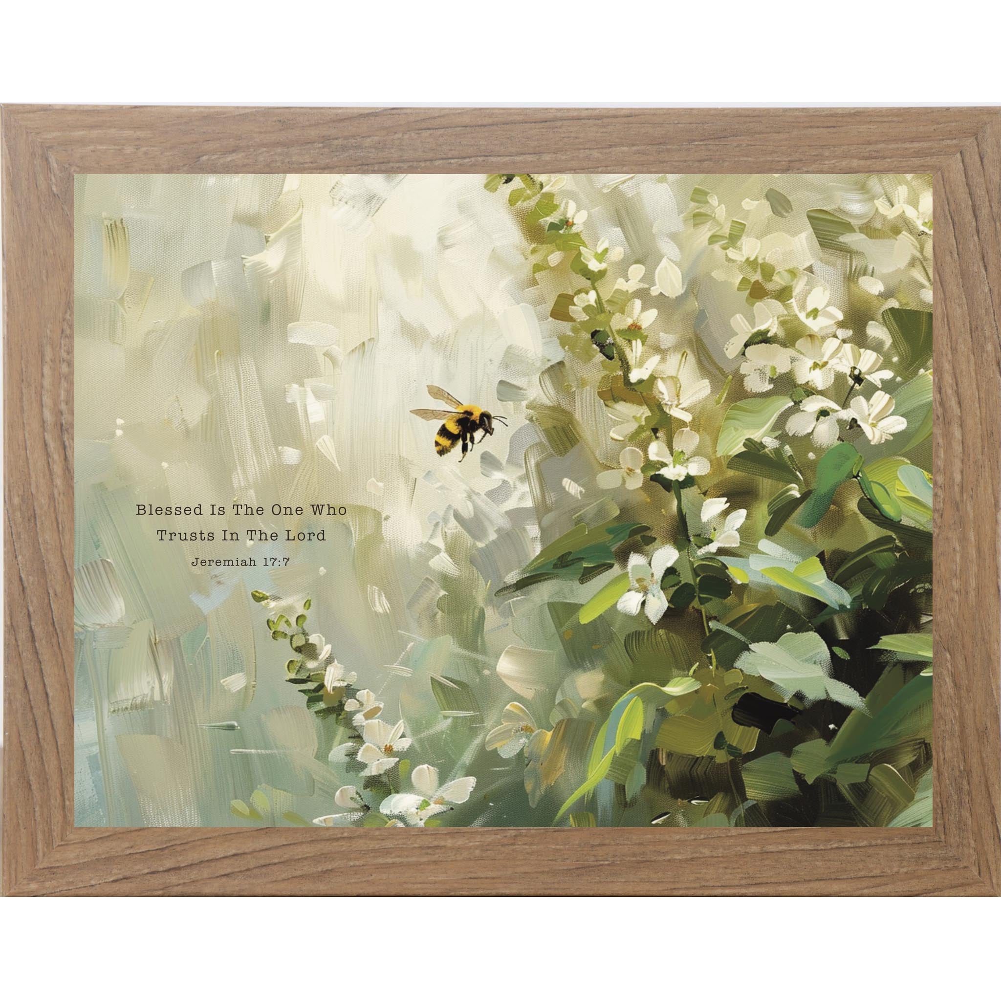 Christian floral wall art with bees and white blossoms featuring the Bible verse Blessed is the one who trusts in the Lord Jeremiah 17:7.