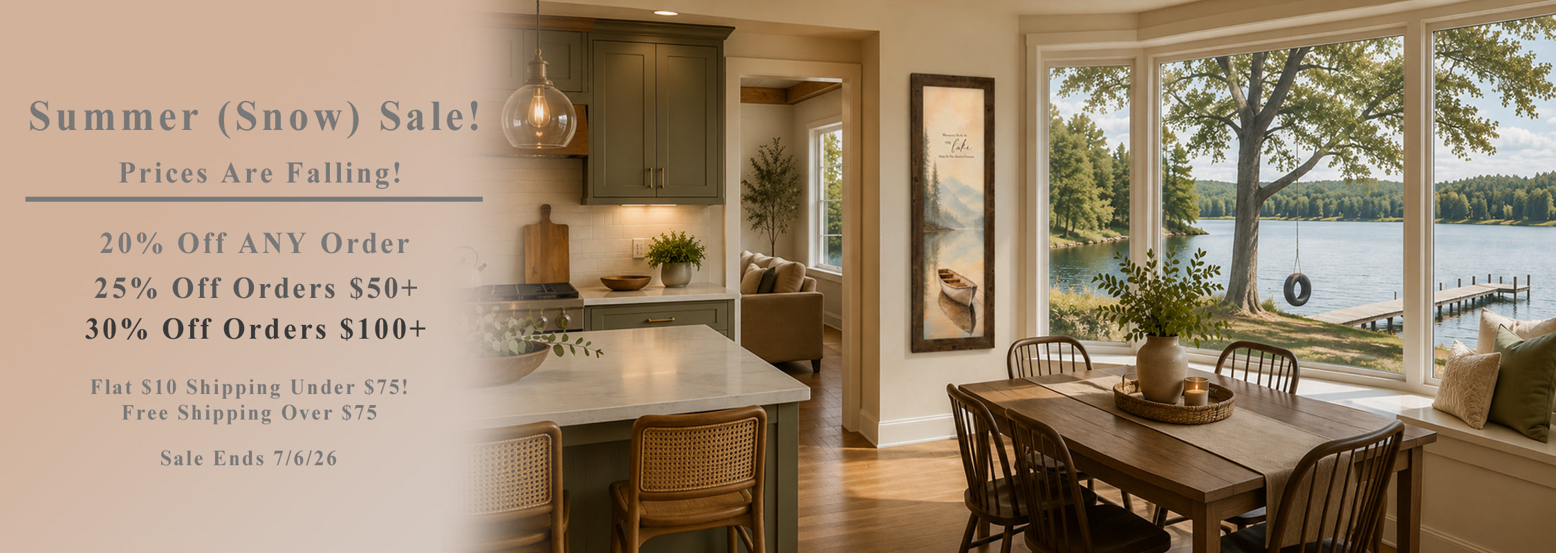 Memories Made at the Lake narrow portrait framed wall art SB939 in natural brown frame hanging in a stunning lake house kitchen dining room with bay windows overlooking a summer lake with tire swing dock and green tree reflections — sage green cabinets warm wood tones farmhouse dining table and candle centerpiece