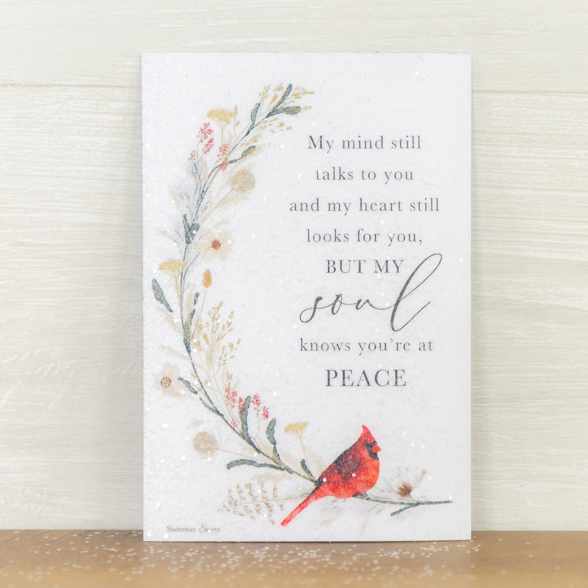 My Soul Knows You’re At Peace magnet – 4x6 vertical red cardinal on floral branch with sympathy memorial quote, glittered acrylic finish