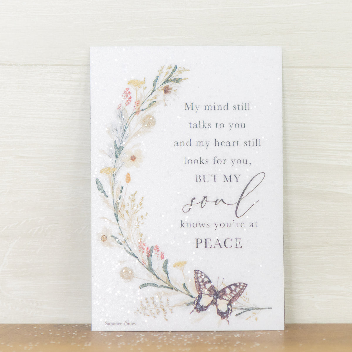 My Soul Knows You’re At Peace butterfly magnet – 4x6 vertical butterfly on floral branch with sympathy memorial quote, glittered acrylic finish