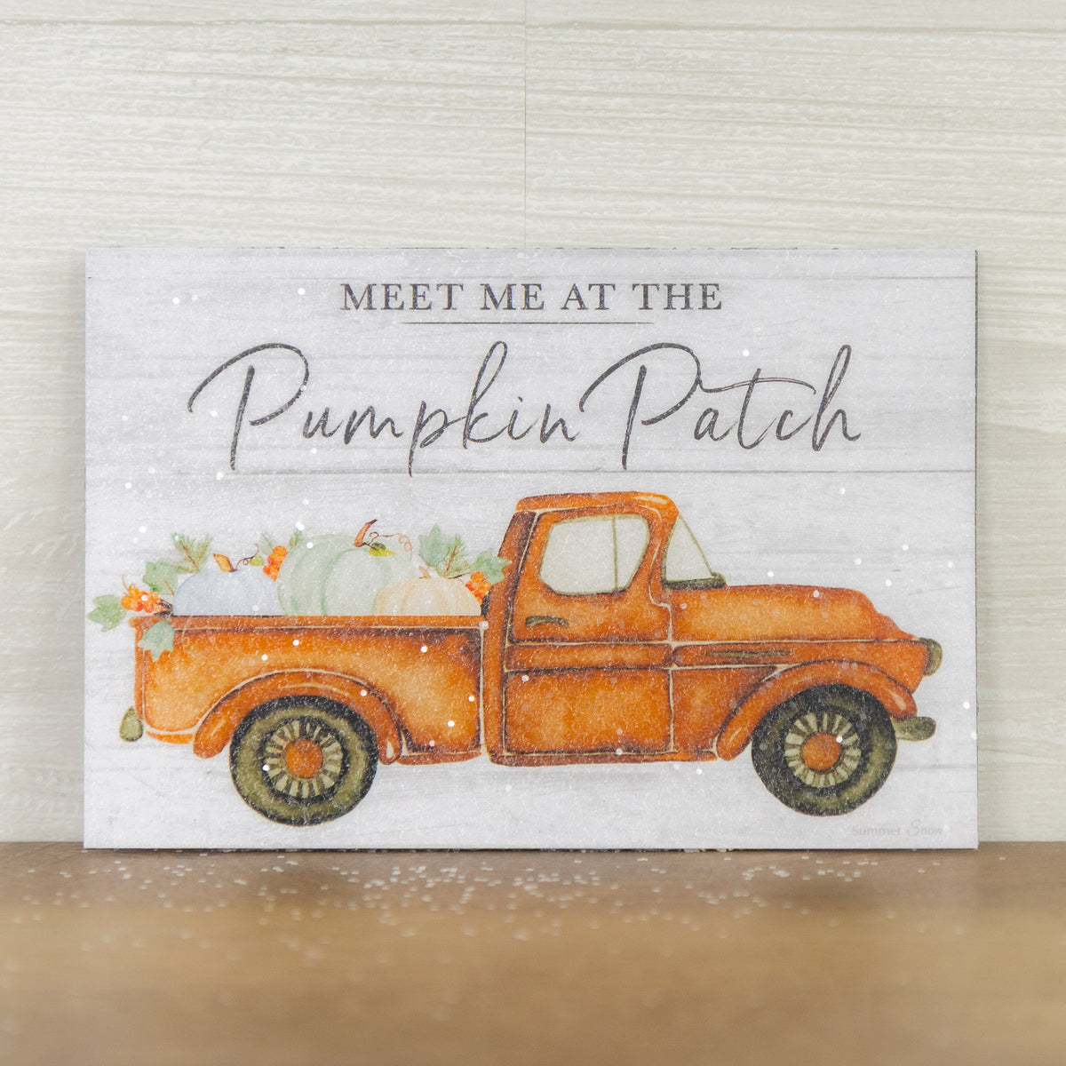 Meet Me At The Pumpkin Patch magnet – 4x6 horizontal orange truck with pumpkins, fall harvest design, glittered acrylic finish