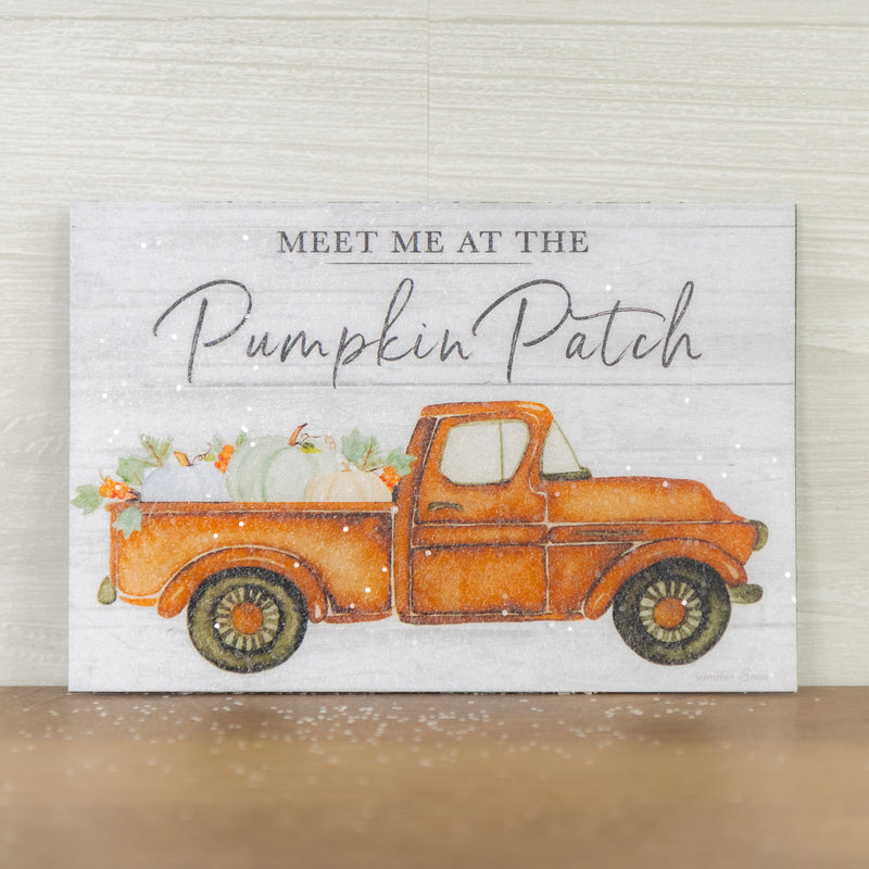 Meet Me At The Pumpkin Patch magnet – 4x6 horizontal orange truck with pumpkins, fall harvest design, glittered acrylic finish