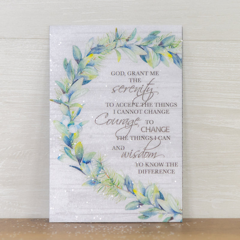 Serenity Prayer magnet – 4x6 vertical slated wood background with green leafy branch and full serenity prayer text, glittered acrylic finish