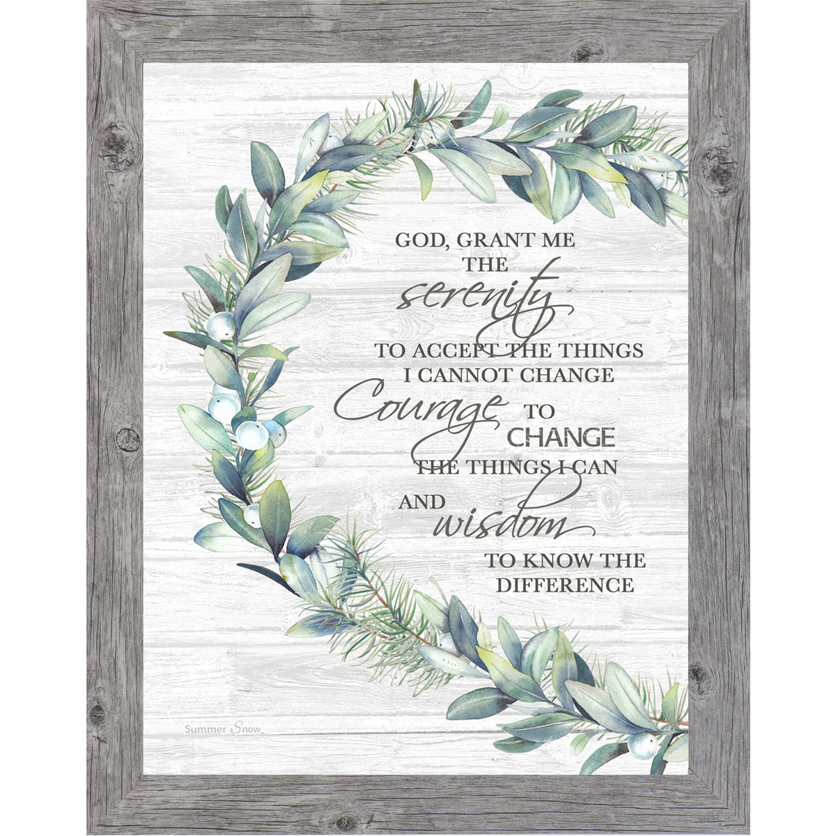 Framed Serenity Prayer wall art with soft green vine wrapping around text on a clean neutral background