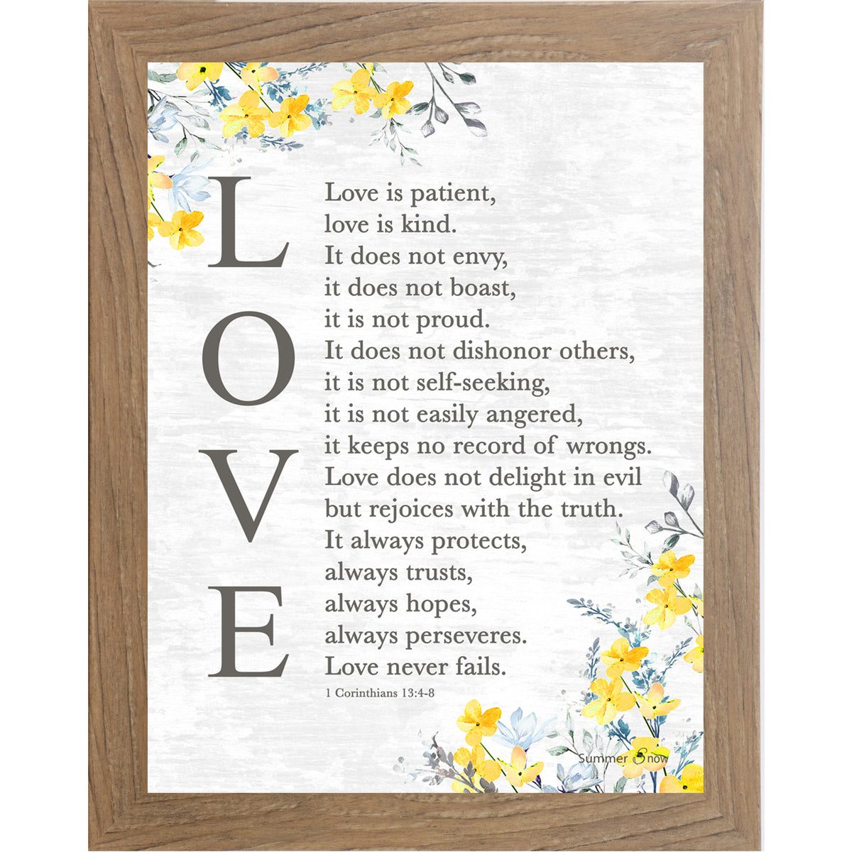 Framed Christian wall art with yellow floral corners, full 1 Corinthians 13:4–8 scripture, and vertical LOVE text on white background