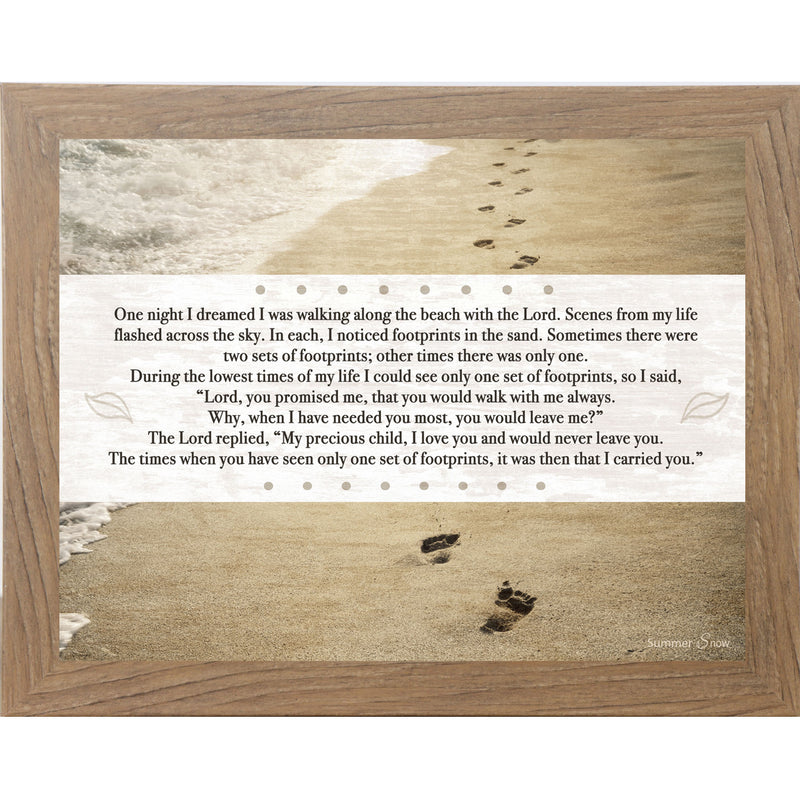 Framed beach art with crashing waves, sunset glow, footprints in sand, and full Footprints in the Sand poem