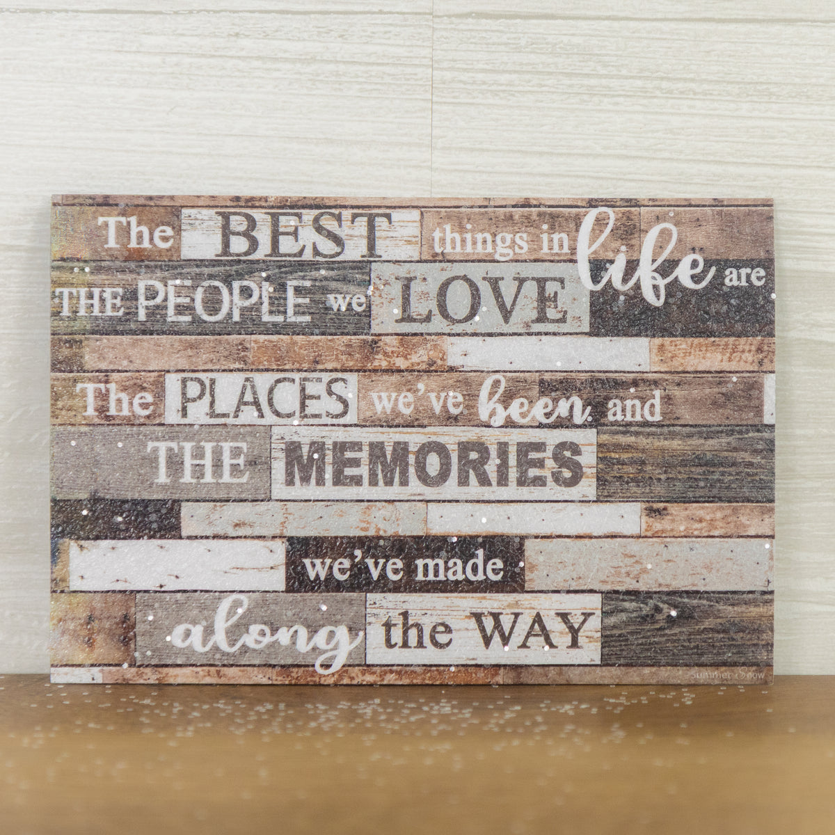 The Best Things In Life magnet – 4x6 horizontal rustic gray and brown wood background with inspirational quote, glittered acrylic finish