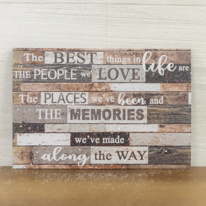 The Best Things In Life magnet – 4x6 horizontal rustic gray and brown wood background with inspirational quote, glittered acrylic finish