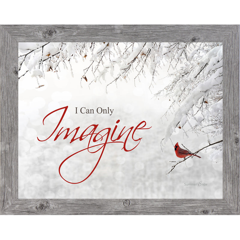 Framed winter cardinal wall art with the phrase "I Can Only Imagine" and a red bird on a snowy tree branch