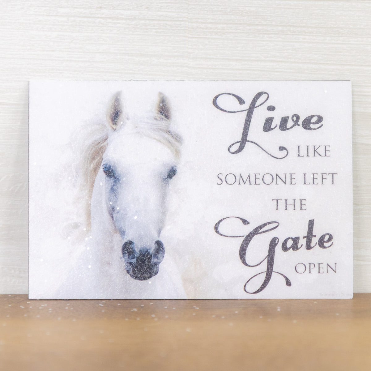 Live Like Someone Left The Gate Open magnet – 4x6 horizontal white horse on white background with inspirational quote, glittered acrylic finish