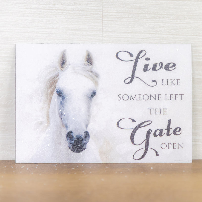 Live Like Someone Left The Gate Open magnet – 4x6 horizontal white horse on white background with inspirational quote, glittered acrylic finish
