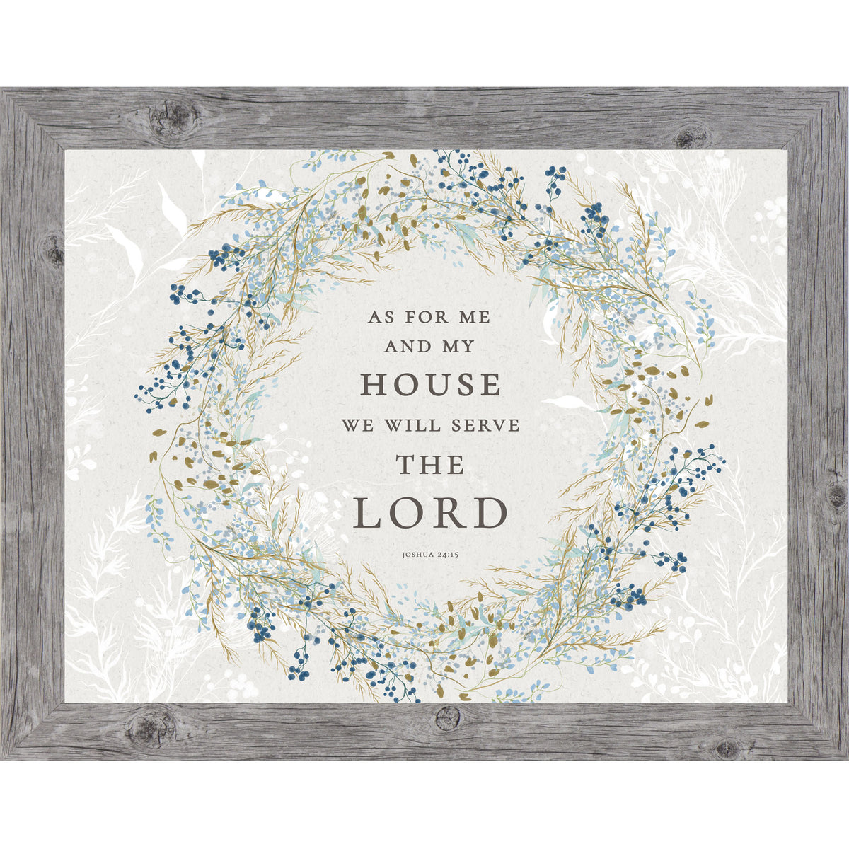 Christian wall art featuring the scripture “As for me and my house, we will serve the Lord” from Joshua 24:15 surrounded by a blue watercolor wreath