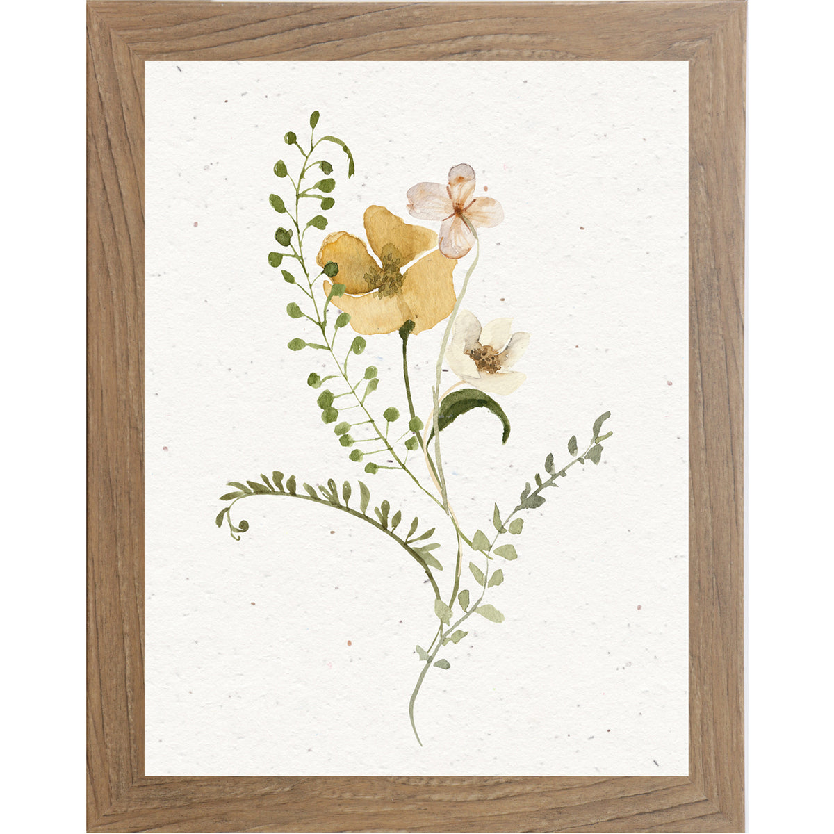 Vertical single wildflower wall art featuring a yellow watercolor bloom with a green stem and subtle companion florals on a neutral textured background.