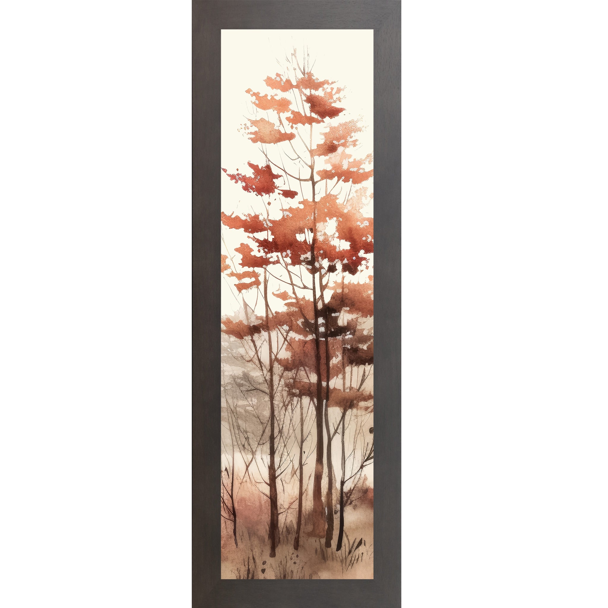 Slatewood framed narrow portrait fall wall art featuring a cluster of tall autumn trees with russet and burnt orange foliage and bare branches in layered misty watercolor style
