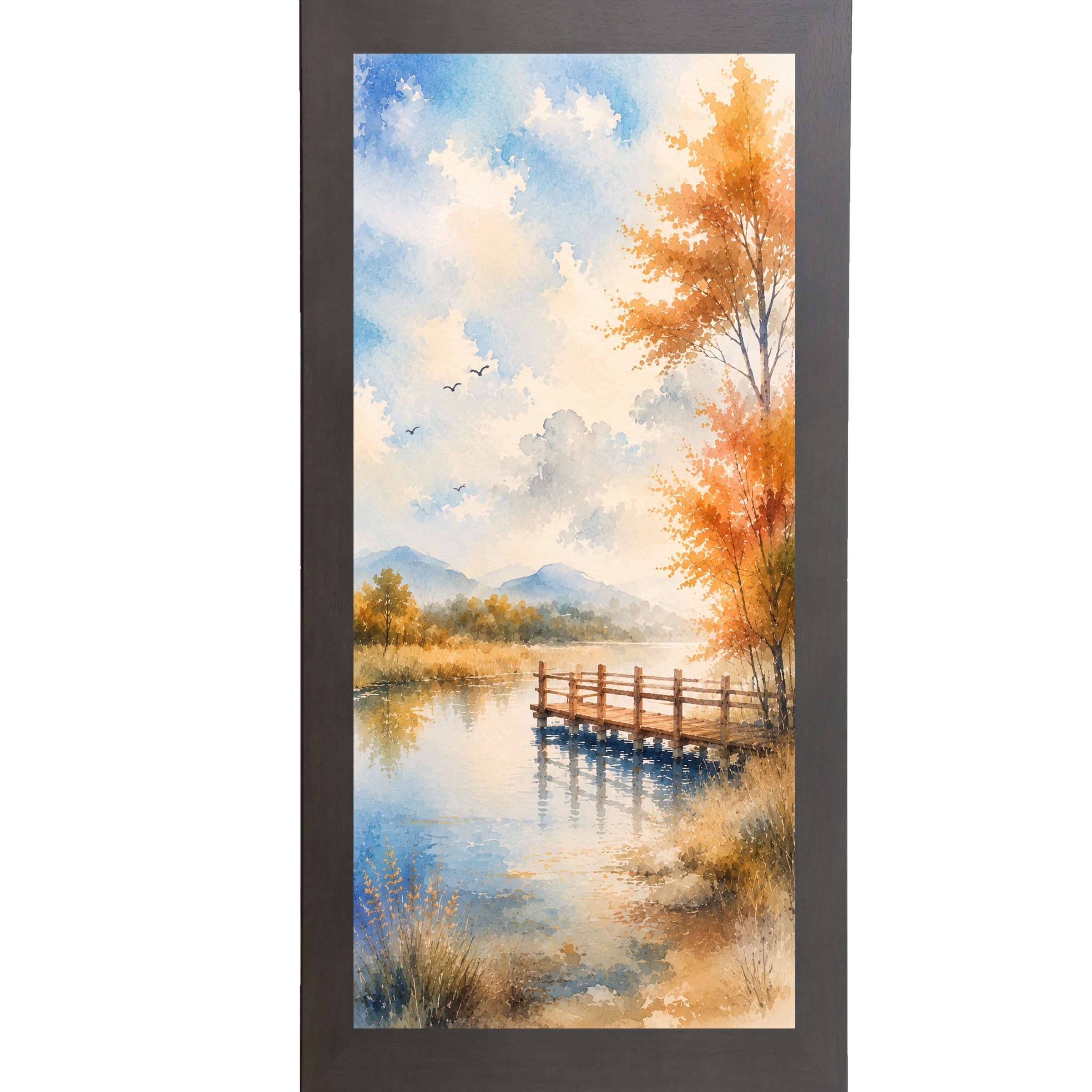 Slatewood framed tall portrait scenic wall art featuring a watercolor autumn pier over still lake water with golden autumn tree birds in sky and misty mountains