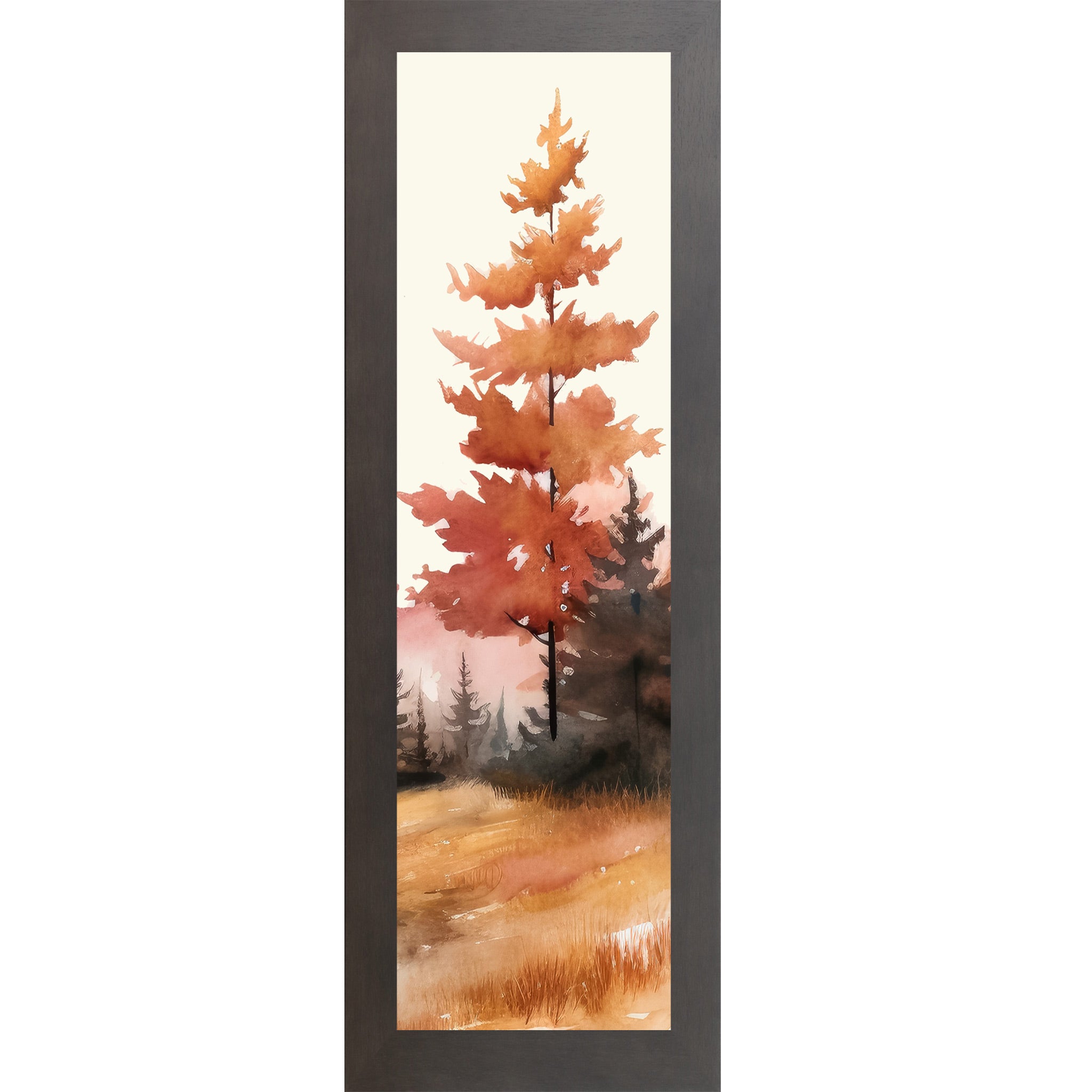 Slatewood framed narrow portrait fall wall art featuring a single bold pine tree in deep autumn orange and crimson watercolor style with dark misty forest and golden field
