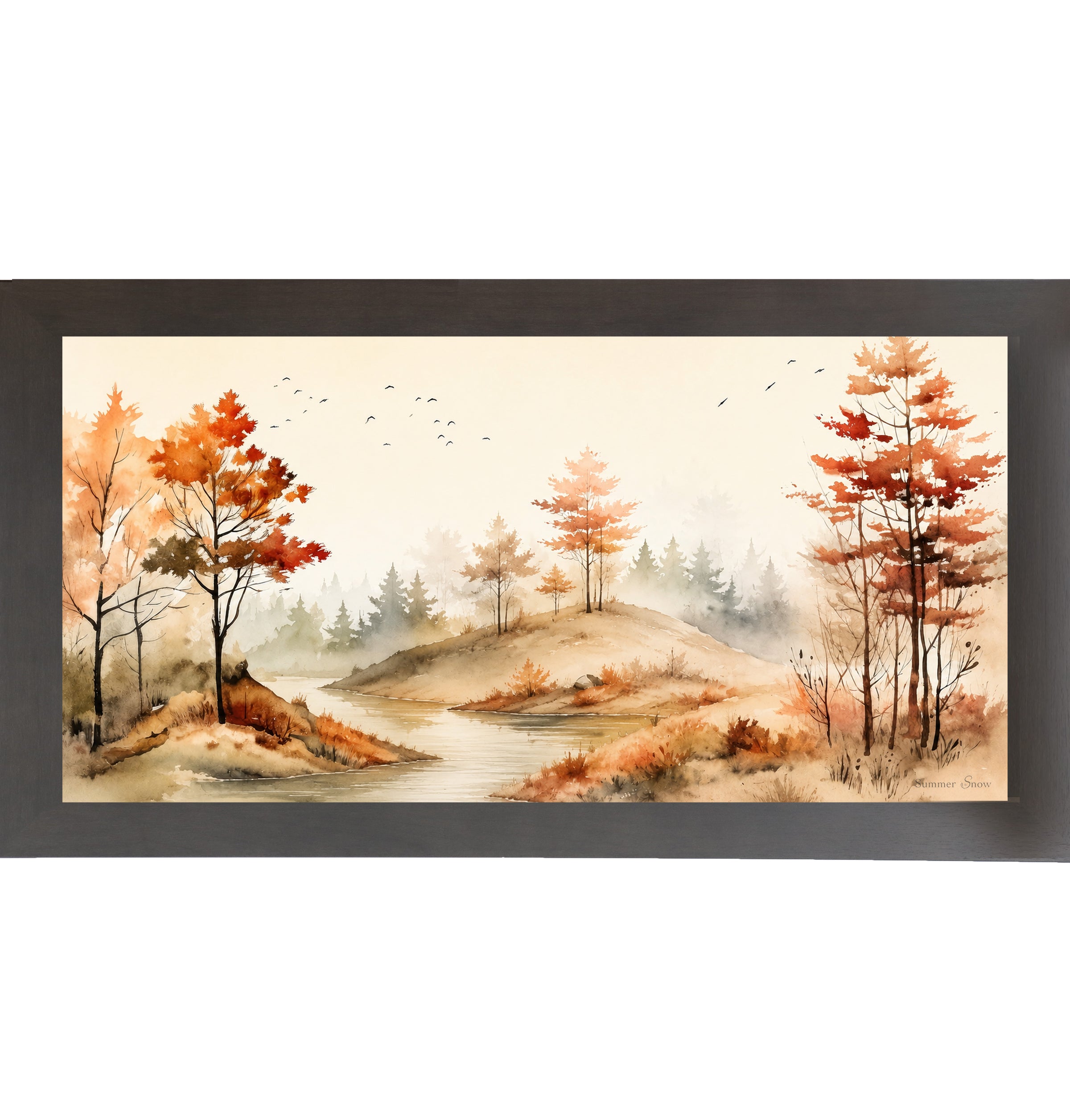Slatewood framed wide landscape fall wall art featuring watercolor autumn river valley with amber and burnt orange trees birds in flight and misty evergreen forest — Autumn River SB764