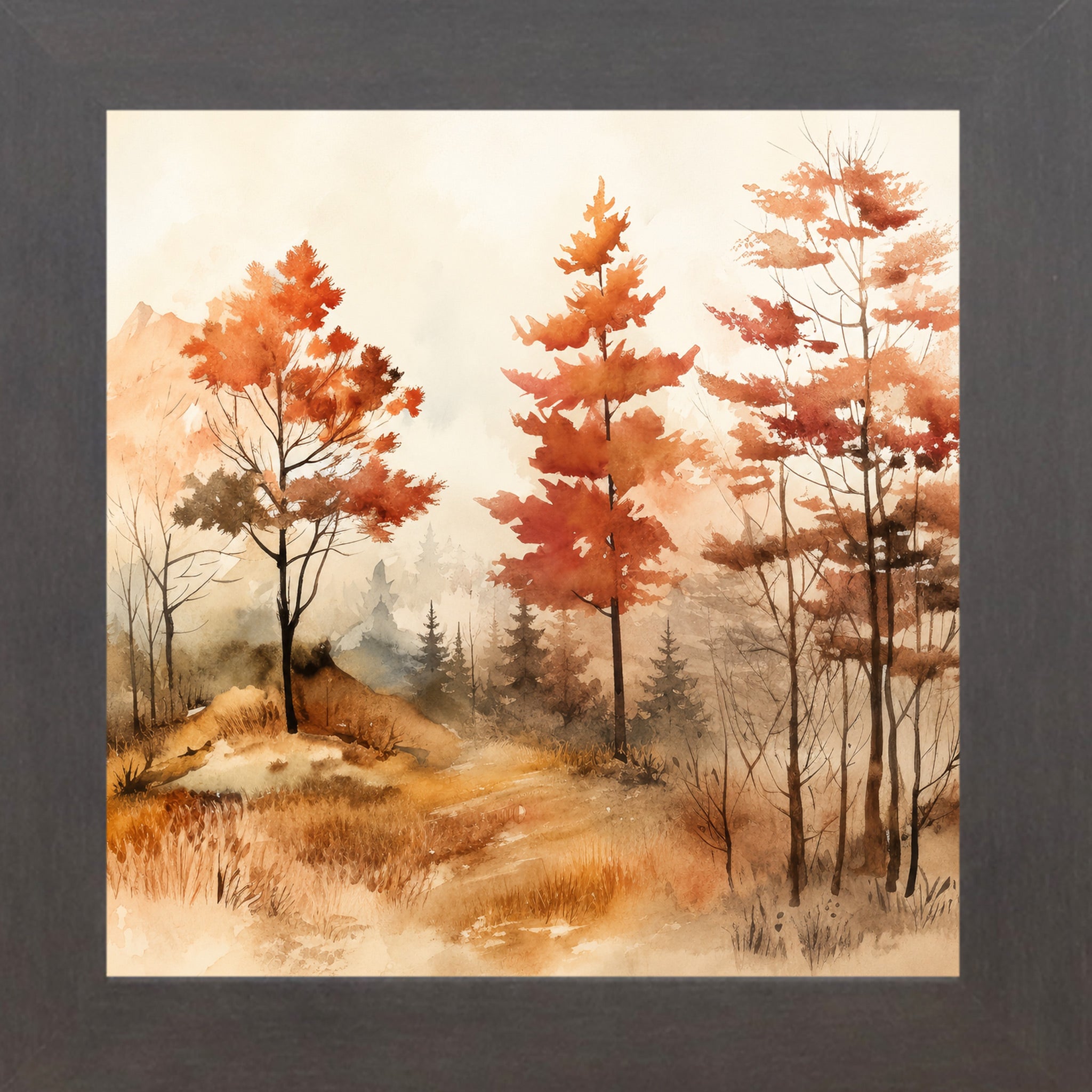 Slatewood framed square fall wall art featuring three autumn trees in watercolor landscape with burnt orange foliage misty mountains and golden grasses